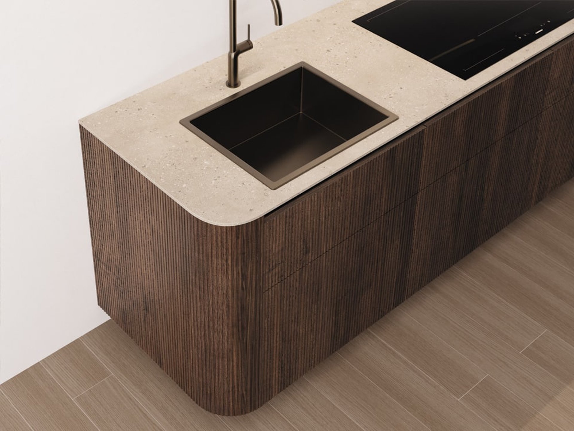 LEICHT Front in geriffeltem Echtholz mit Rundwange - perfekte Verbindung aus Materialtiefe und organischem Möbeldesign