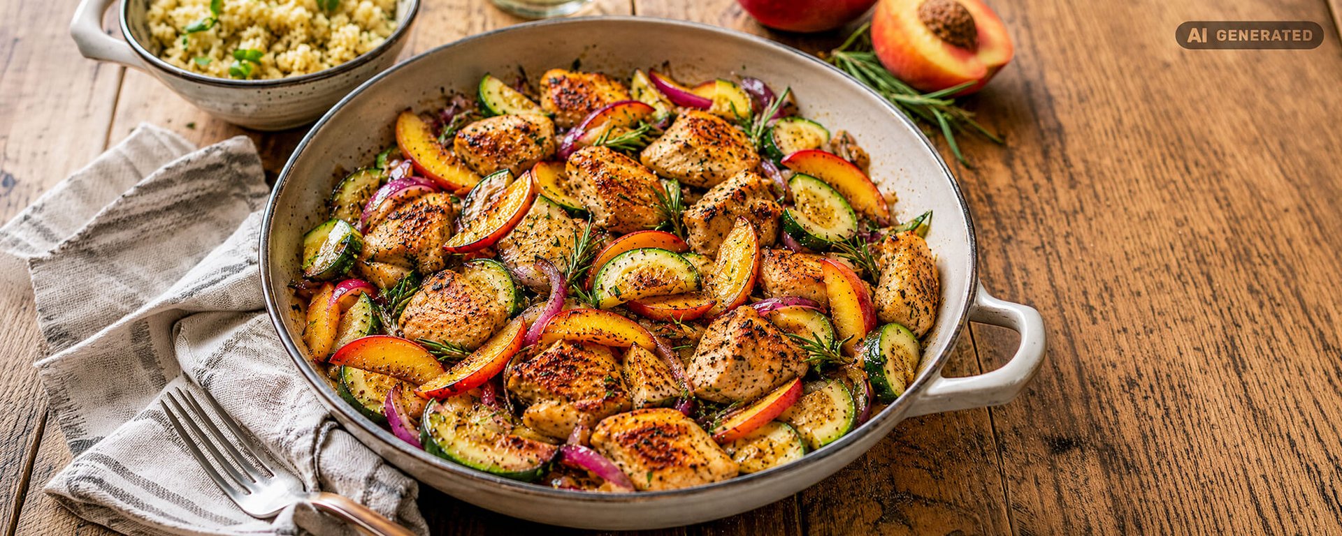 Fertige Hähnchen-Pfirsich-Pfanne mit Zucchini und Rosmarin als Spätsommer-Gericht