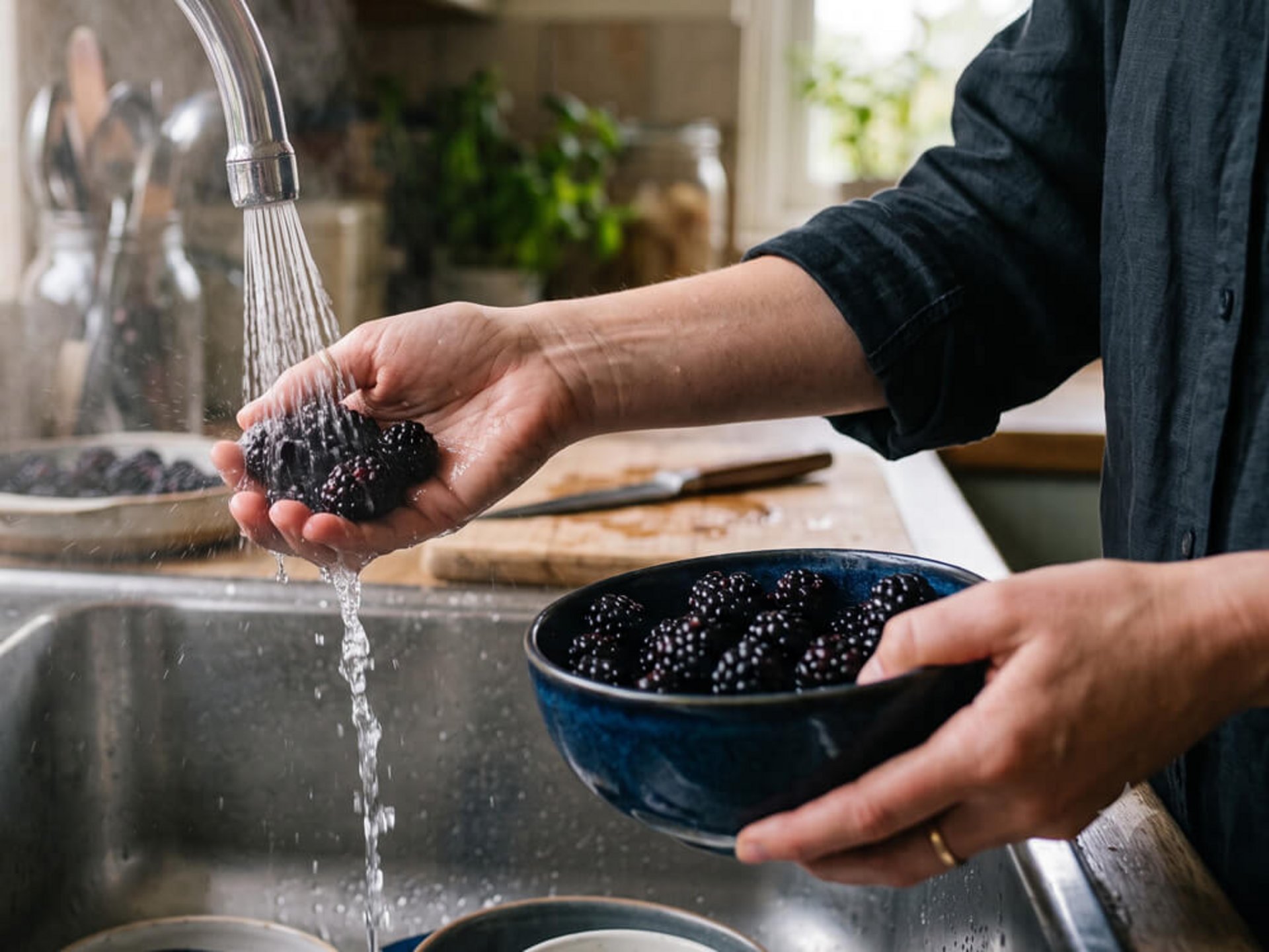 Frische Brombeeren werden auf einer Küchenarbeitsfläche vorsichtig verarbeitet