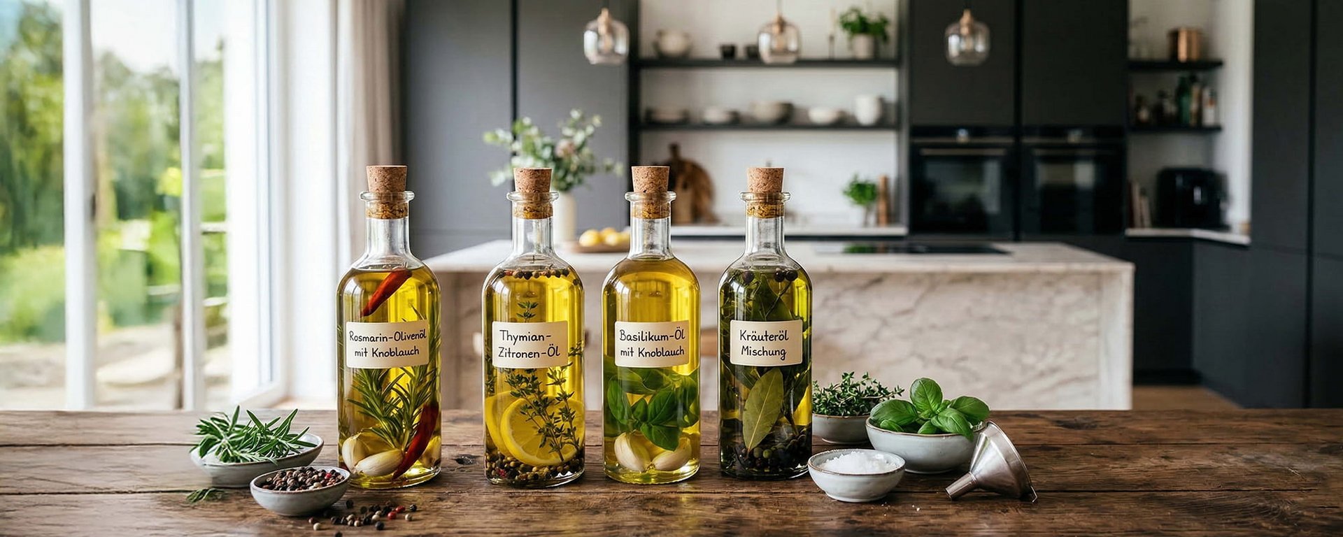 Selbstgemachte Kräuter-Öle in dekorativen Glasflaschen auf einer Holz-Arbeitsplatte in einer modernen ASMO Design-Küche mit Kochinsel