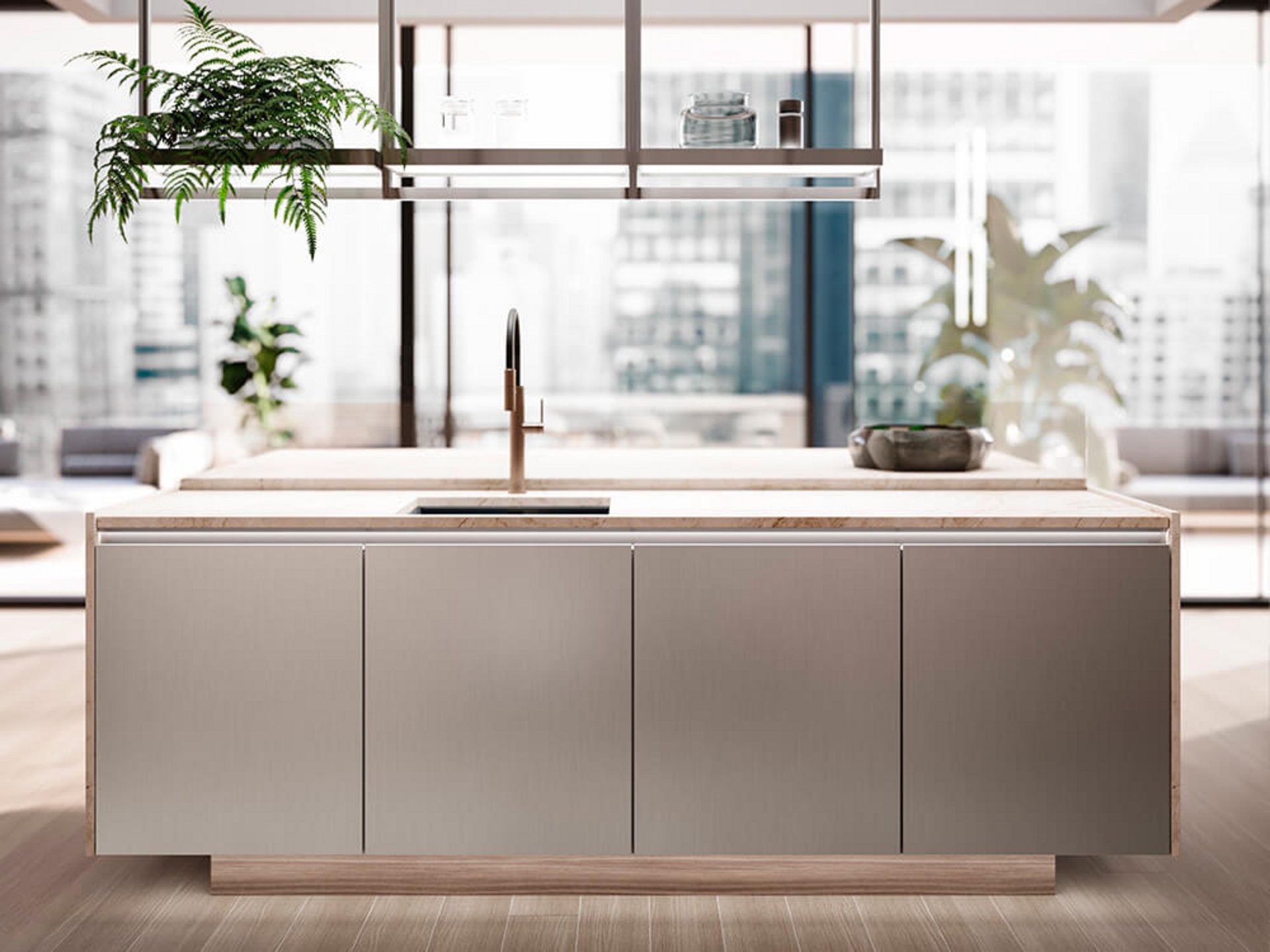 Helle Kücheninsel mit pflegeleichten Fronten und hochwertiger Arbeitsplatte