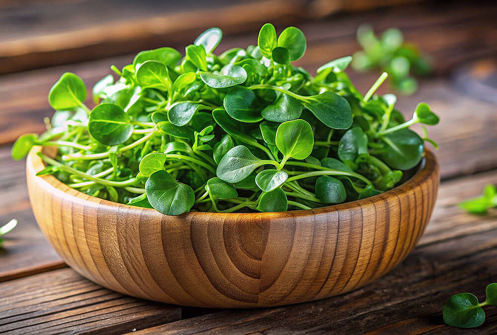 Holzschale, mit Brunnenkresse, die ideal für gesunde Brunnenkresse-Rezepte sind