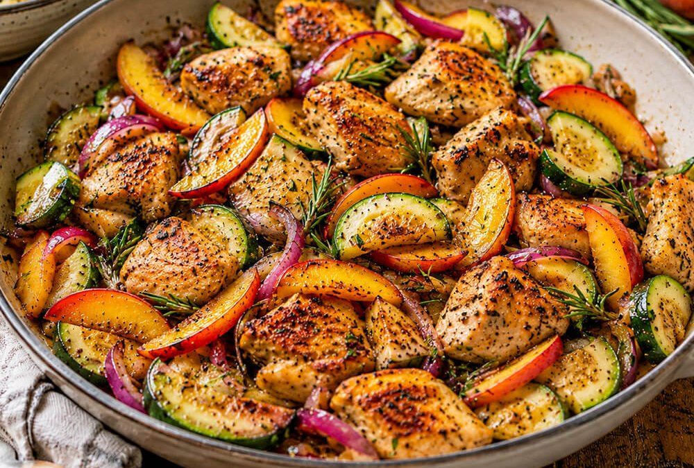 Hähnchen-Pfirsich-Pfanne mit Zucchini, Pfirsichen und Rosmarin als Spätsommer-Rezept