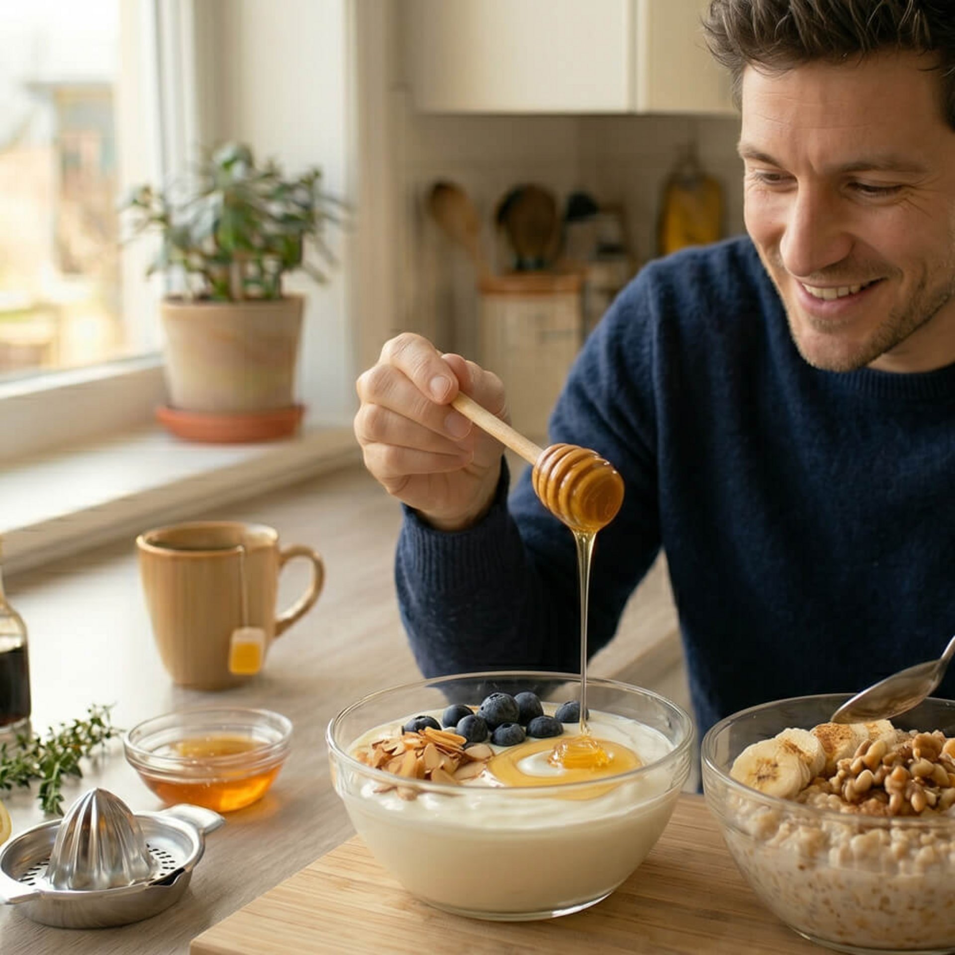 Mann süßt Joghurt mit Honig am Frühstückstisch