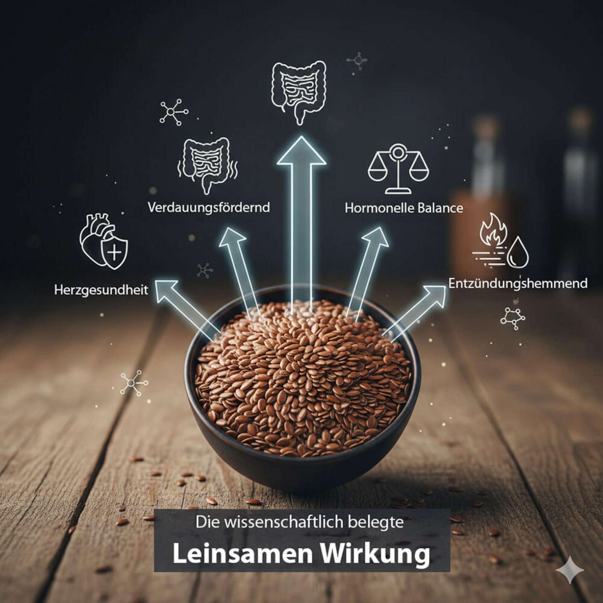 Leinsamen-Wirkung Infografik: Herzgesundheit, Verdauung, hormonelle Balance und entzündungshemmende Eigenschaften – reich an Lignanen und Omega-3.