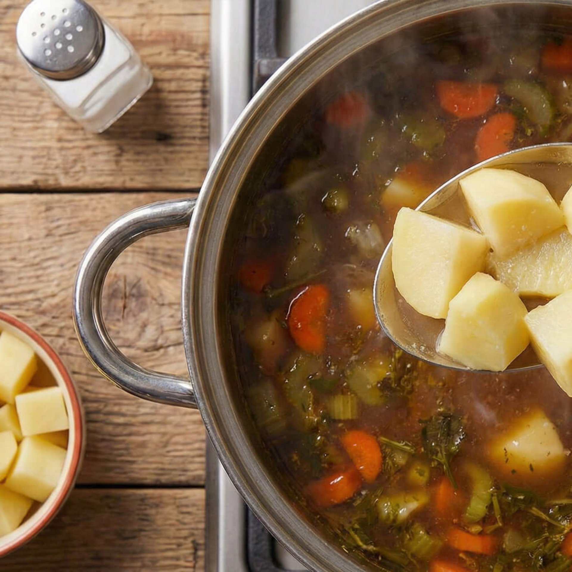 Draufsicht auf Topf mit Kartoffeleintopf und Gemüsesuppe auf einem Gasherd