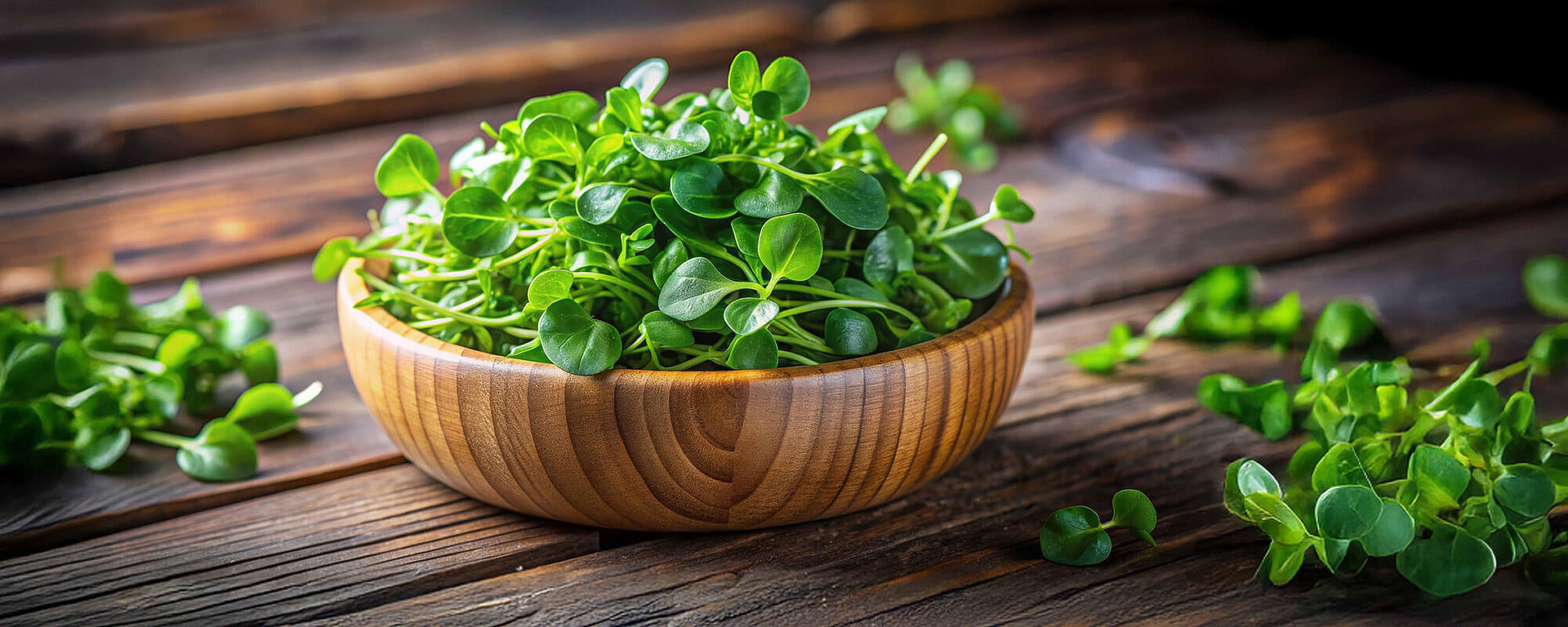 Holzschale mit frisch geernteter Brunnenkresse auf Holztisch, umgeben von losen Blättern