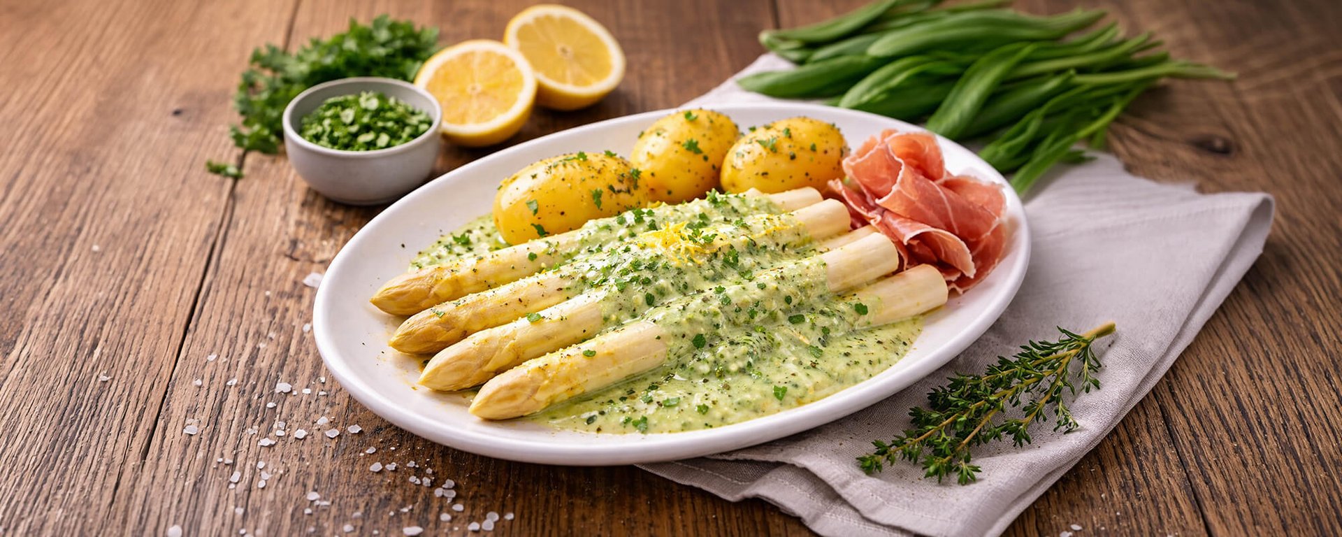 Spargel mit Bärlauch-Hollandaise als Frühlingsgericht angerichtet