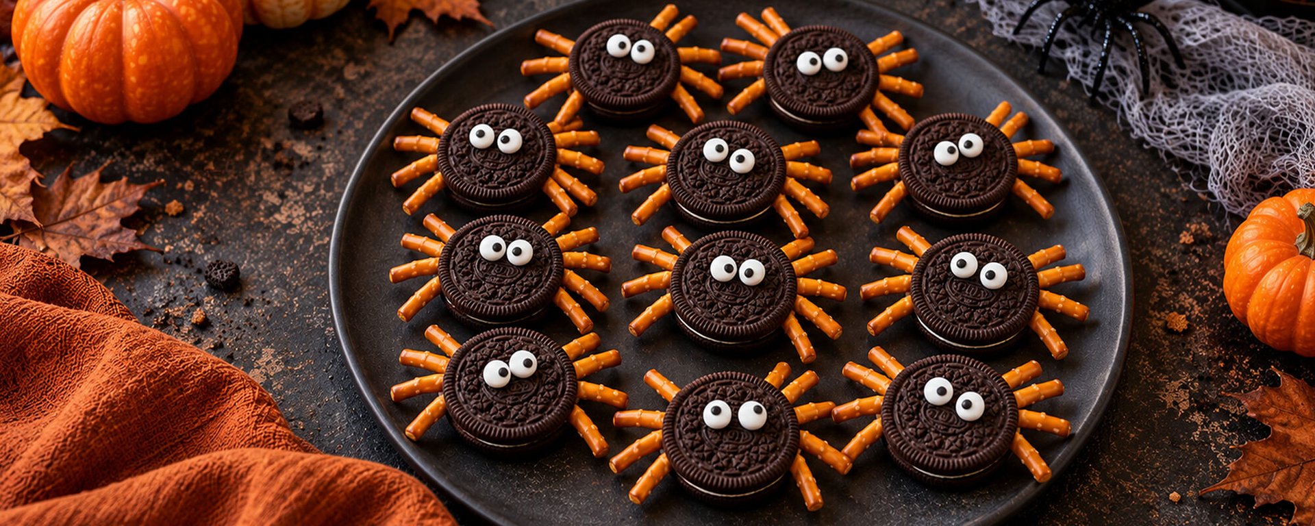 Halloween-Schoko-Spinnen mit Salzstangenbeinen und Zuckeraugen auf einem dunklen Teller zwischen Kürbissen und Herbstdekoration