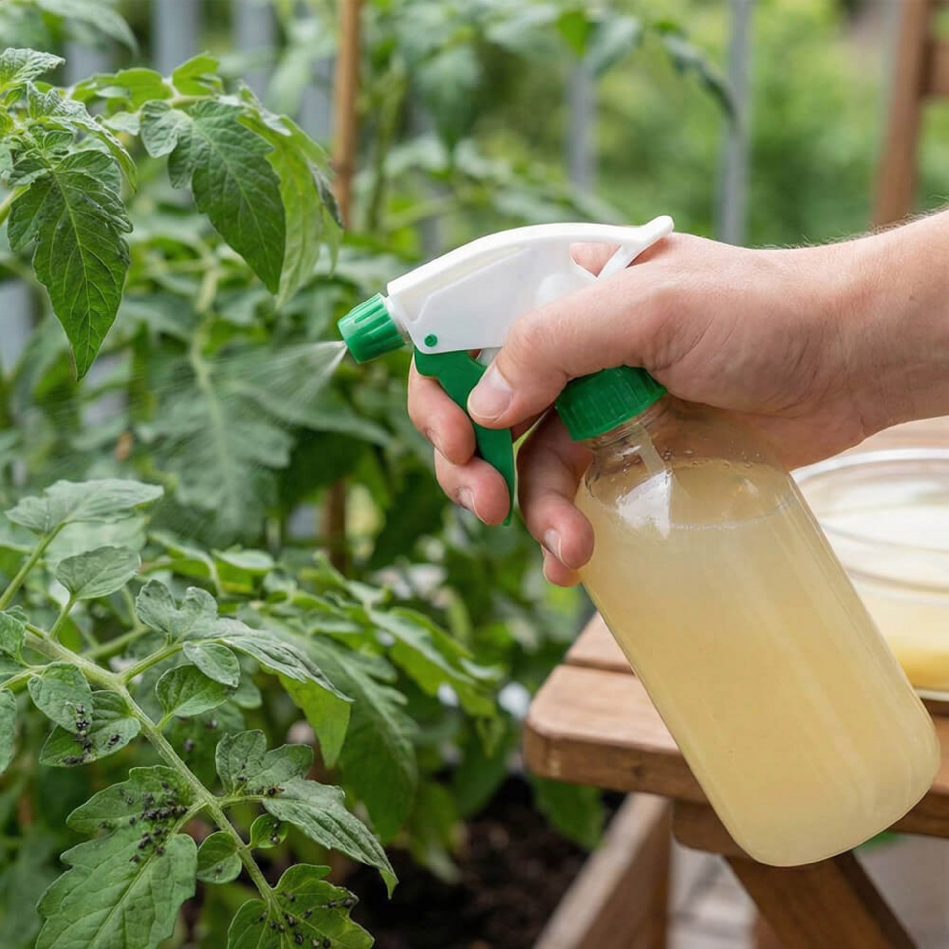 Hand sprüht Kartoffelwasser-Mischung als natürlichen Pflanzenschutz auf Tomatenpflanzen