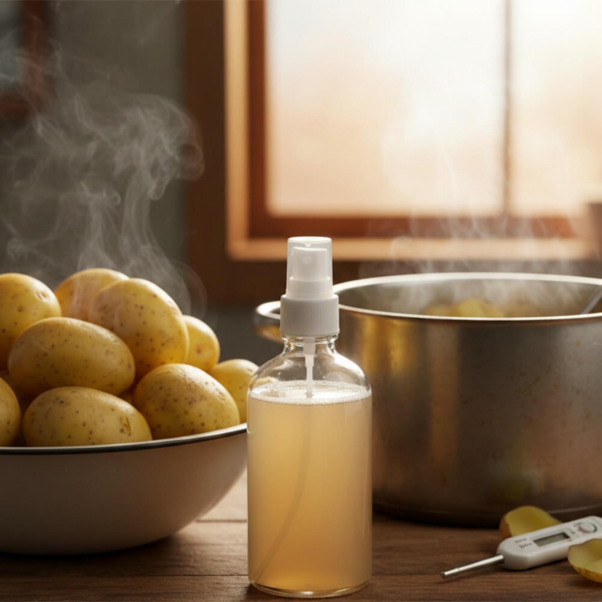 Kartoffelwasser in Glas-Sprühflasche neben dampfenden Kartoffeln und Küchenthermometer