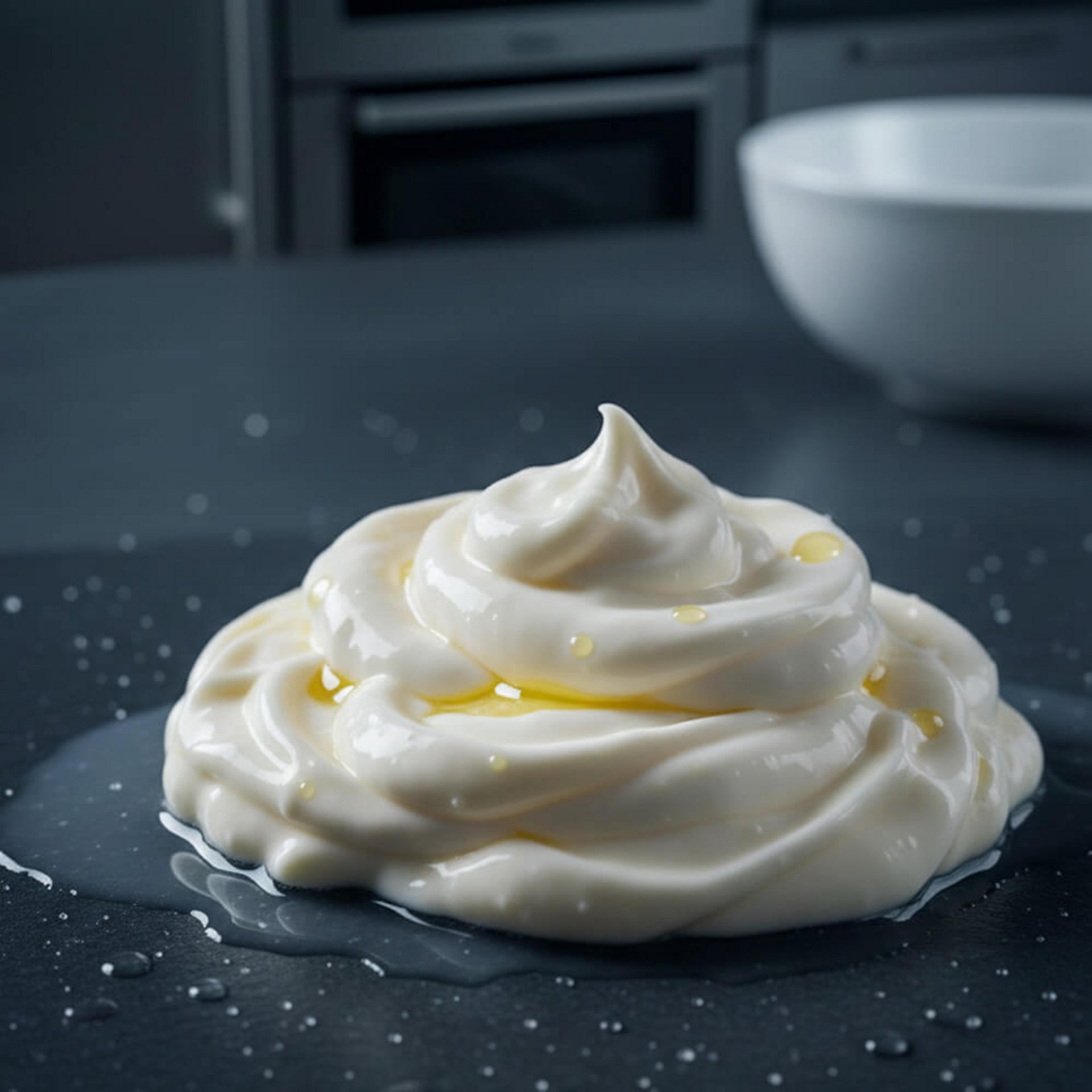 Mayonnaise nach dem Einfrieren – Emulsion trennt sich, es entstehen Klümpchen und Öl.
