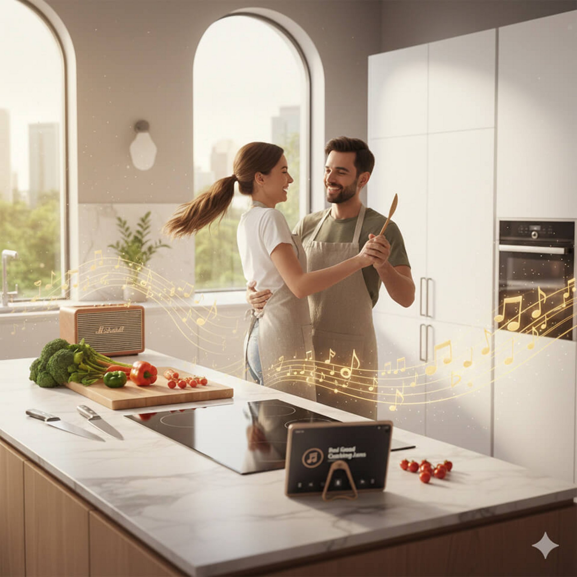 Musik beim Kochen: Romantisches Paar tanzt in der Wohnküche während der Essenszubereitung.