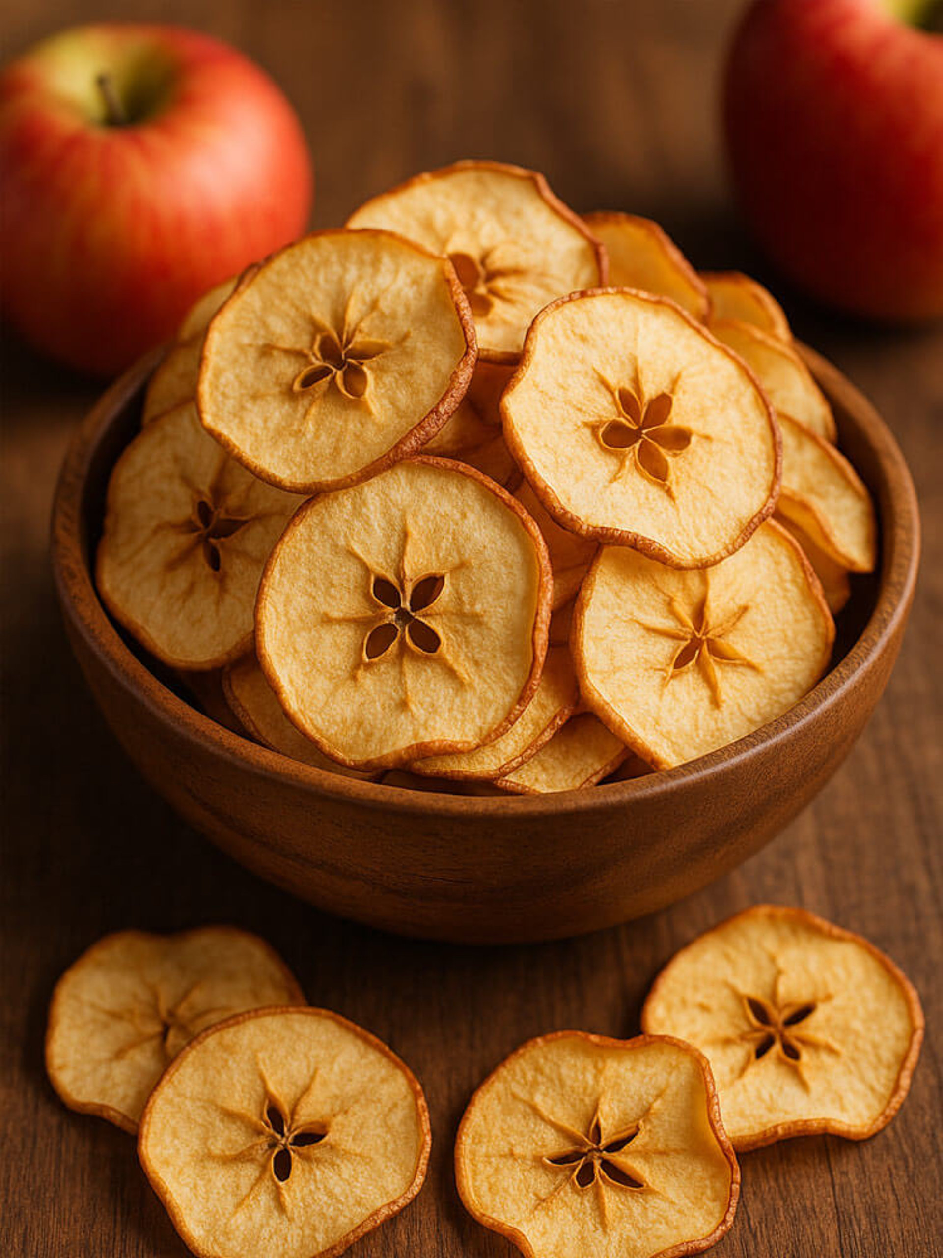 Apfelscheiben mit Zimt auf Backpapier – Apfelchips backen im Ofen mit typischer Sternform in der Mitte