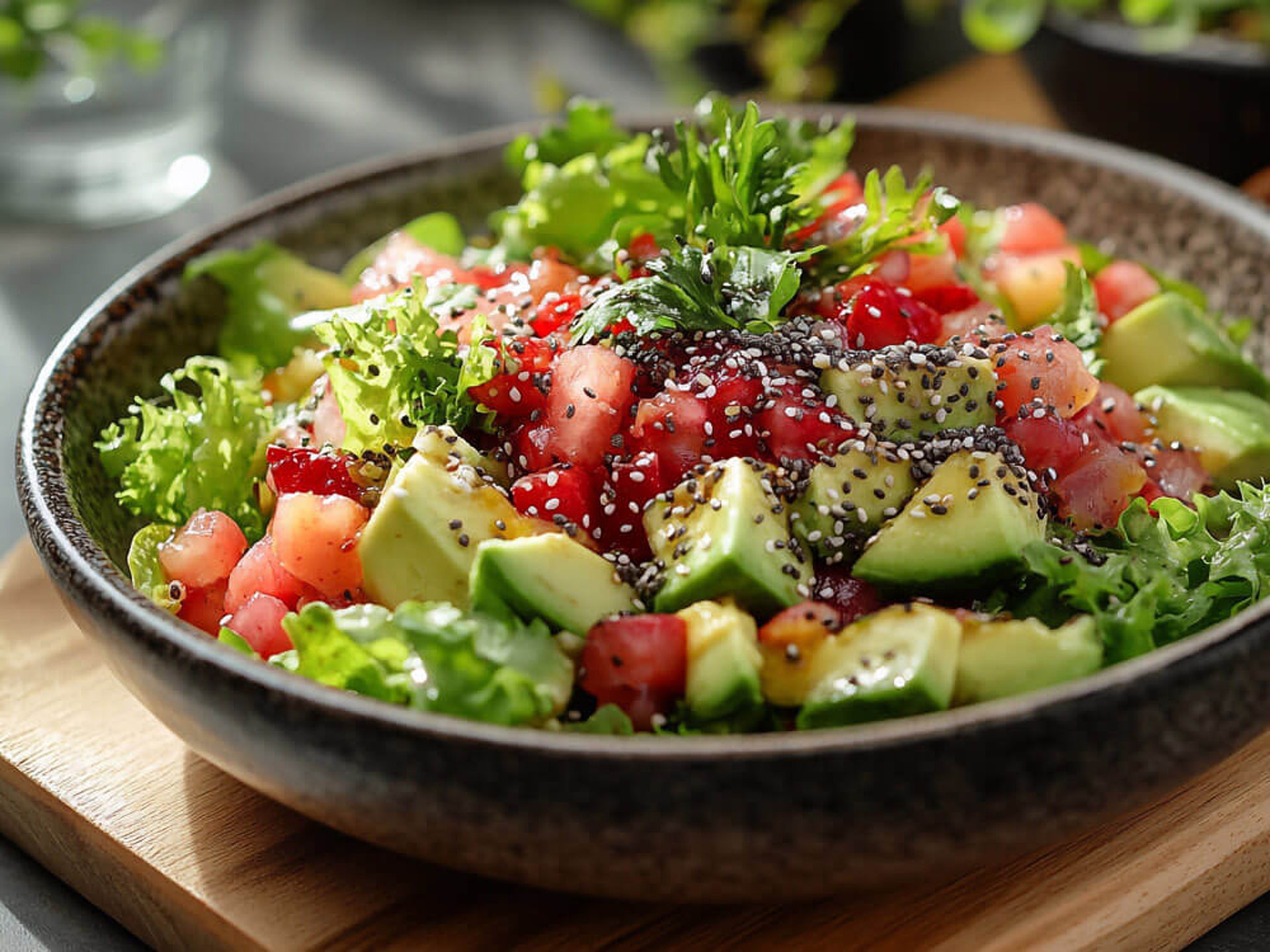 Frischer Chiasamen-Salat mit Avocado, Tomaten und Granatapfel. Perfekt für die Chiasamen Küche und eine ausgewogene Ernährung.