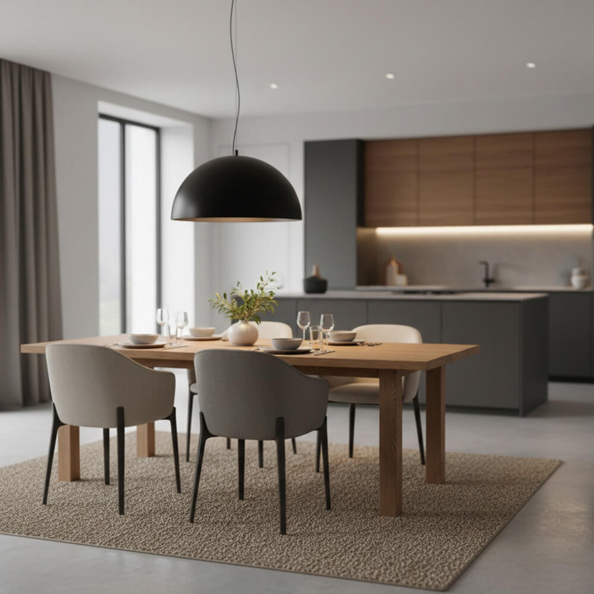 Offener Essbereich mit Massivholztisch und moderner Küche in Anthrazit