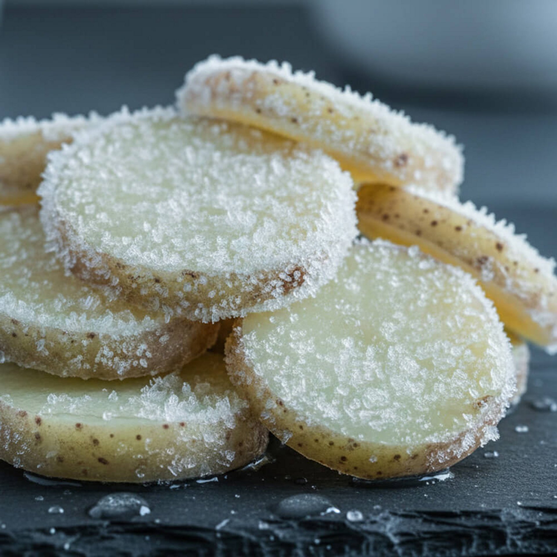 Gefrorene Kartoffelscheiben – roh eingefroren verändert sich Textur und Geschmack.