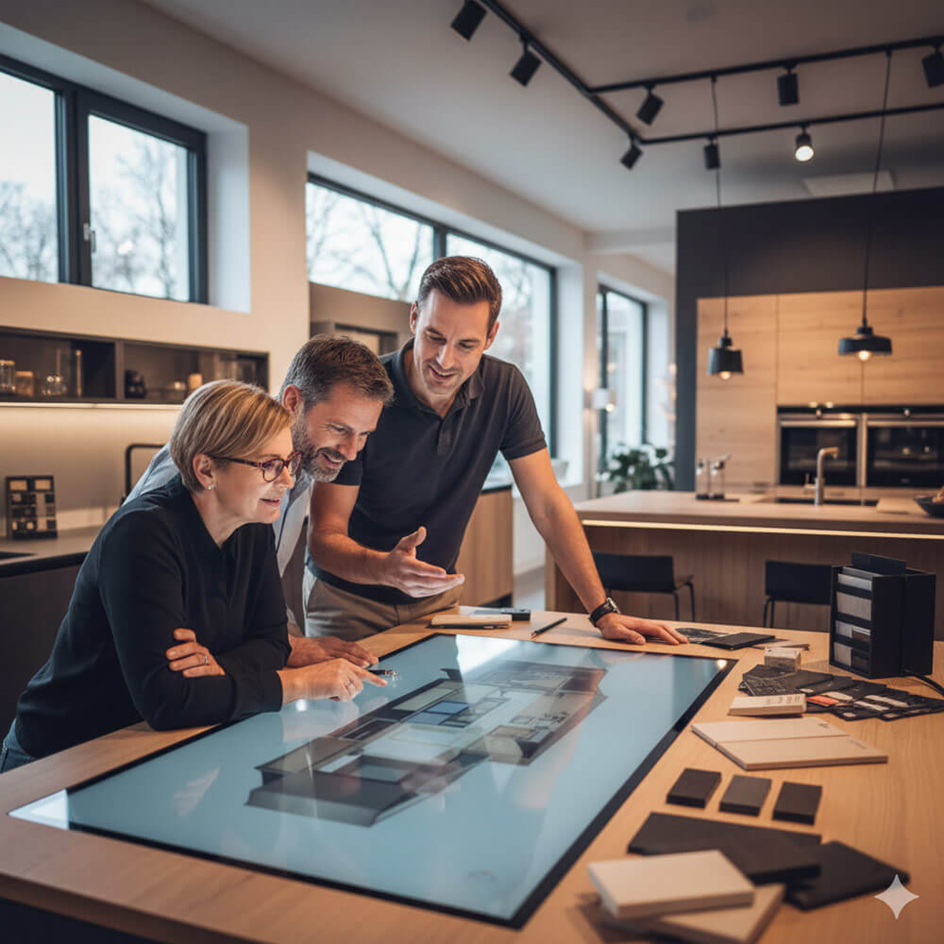 ASMO Küchenberater bei der Beratung: 3D-Küchenplanung mit Kunden im Showroom