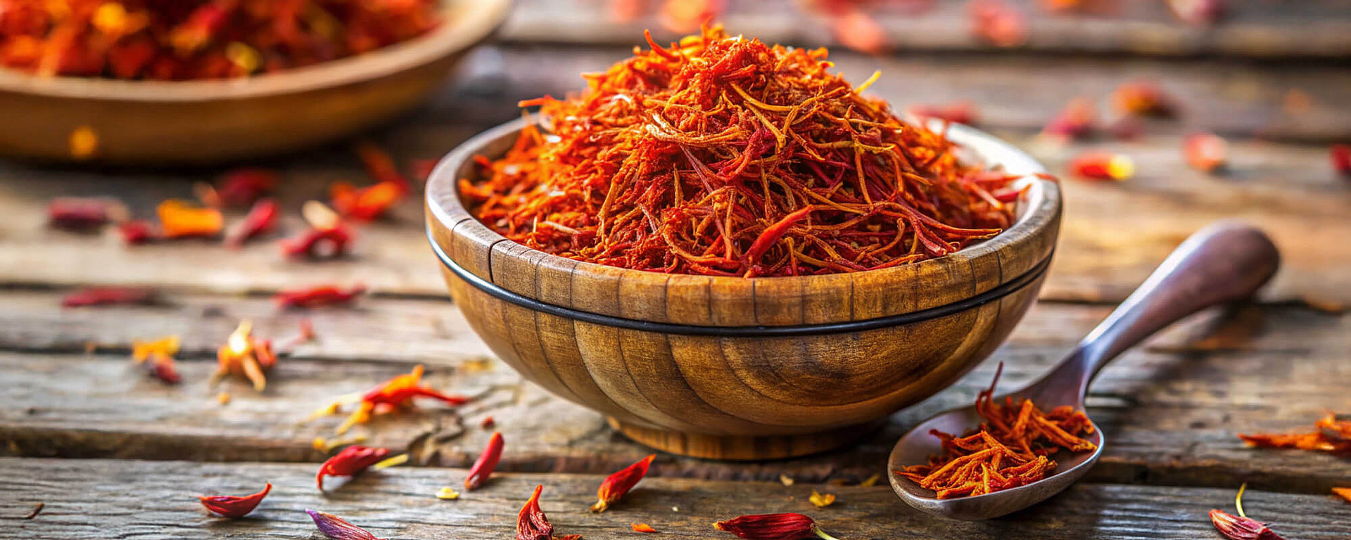 Reiner Safran in Holzschale mit Löffel - Aromatische Safranfäden für höchste kulinarische Ansprüche