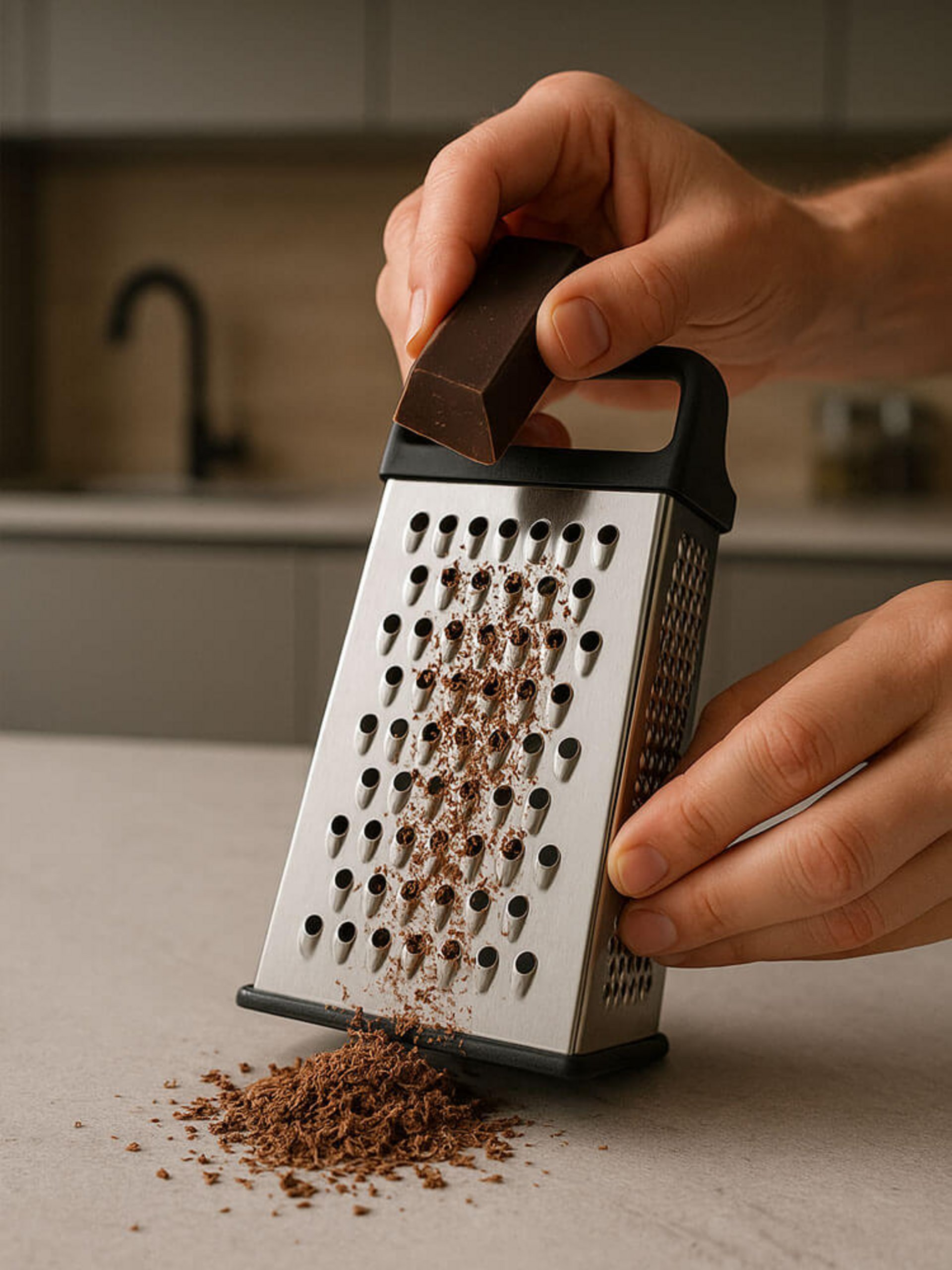 Hände reiben dunkle Schokolade an Küchenreibe – LifeHack Schokoladenreste in der Küche
