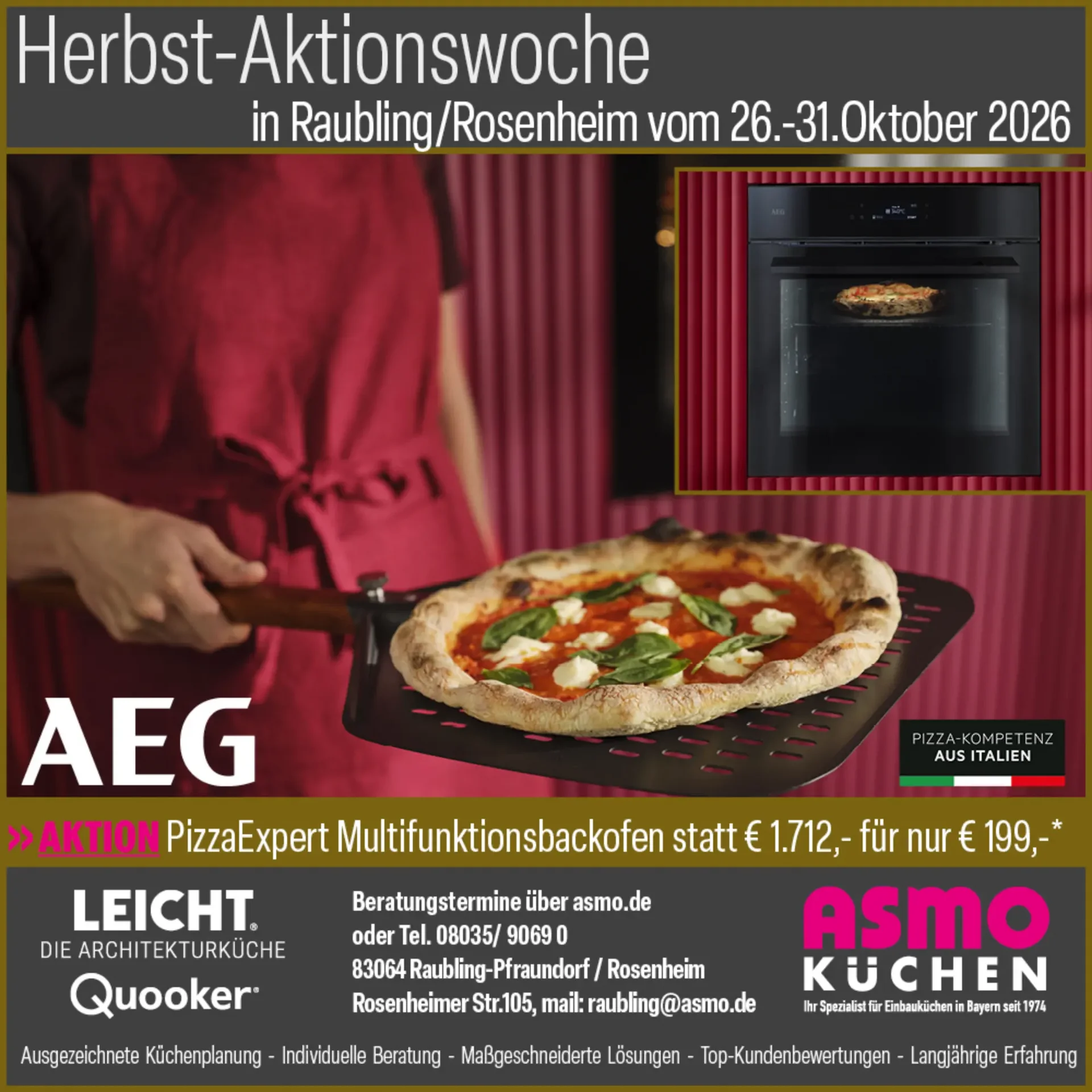 AEG PizzaExpert Multifunktionsbackofen mit frisch gebackener Pizza auf Schaufel, Aktion bei ASMO KÜCHEN Raubling