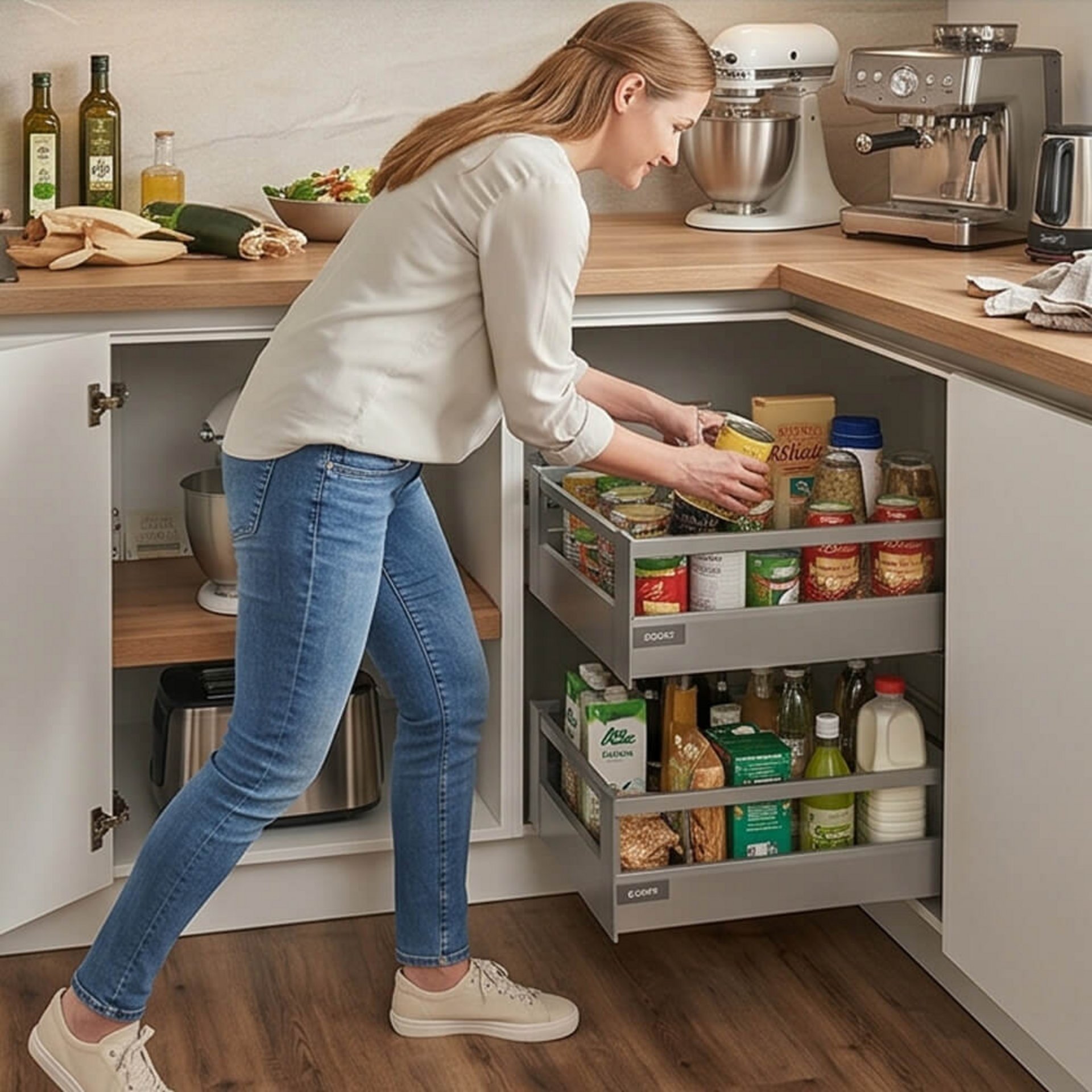 Frau räumt Lebensmittel in einen Vorratsauszug einer modernen Küche ein