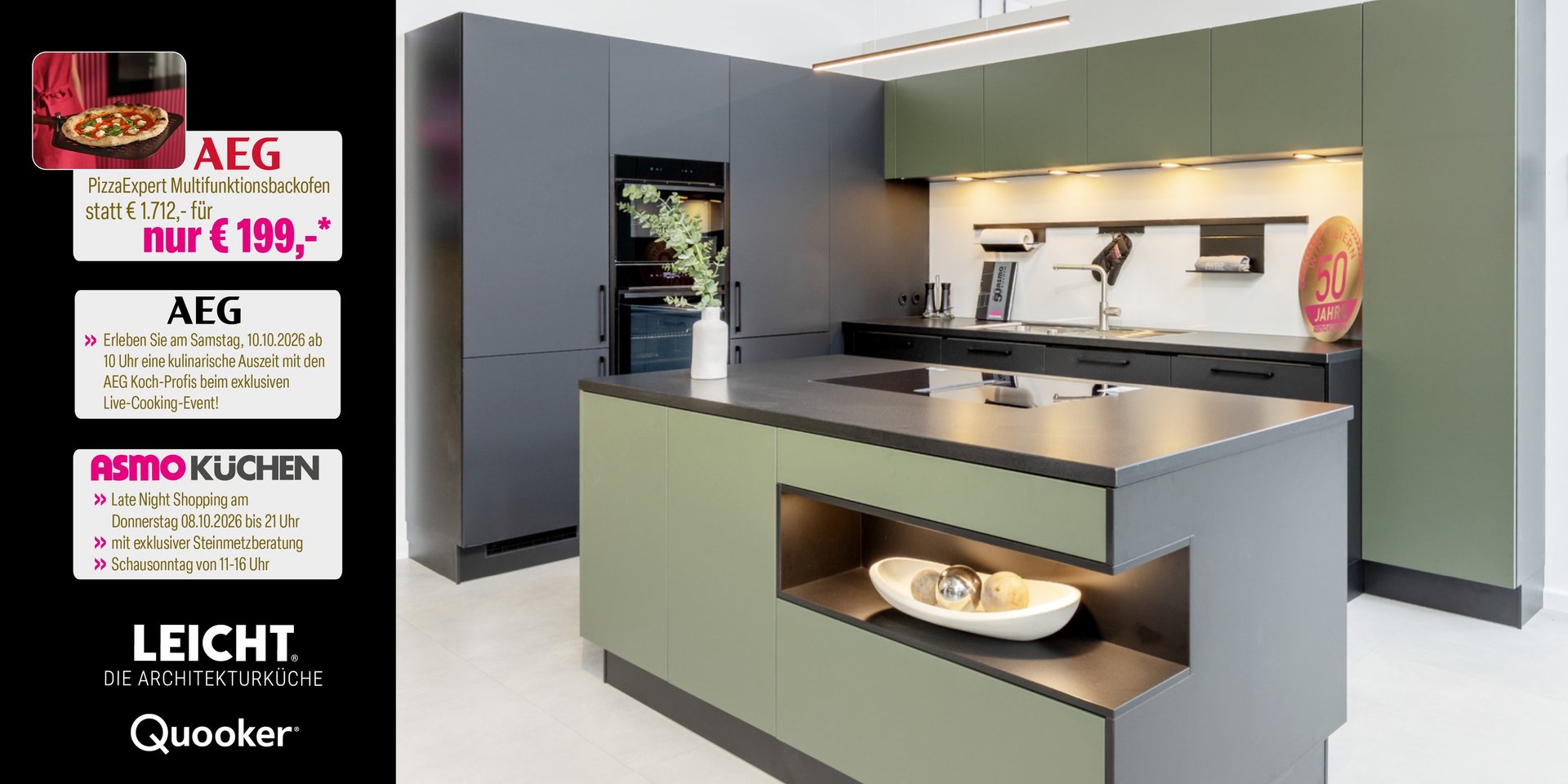 Grün-graue Designküche mit Kochinsel; der Slider von ASMO KÜCHEN wirbt für die Hausmesse, AEG Live-Cooking, Late Night Shopping und den Schausonntag.