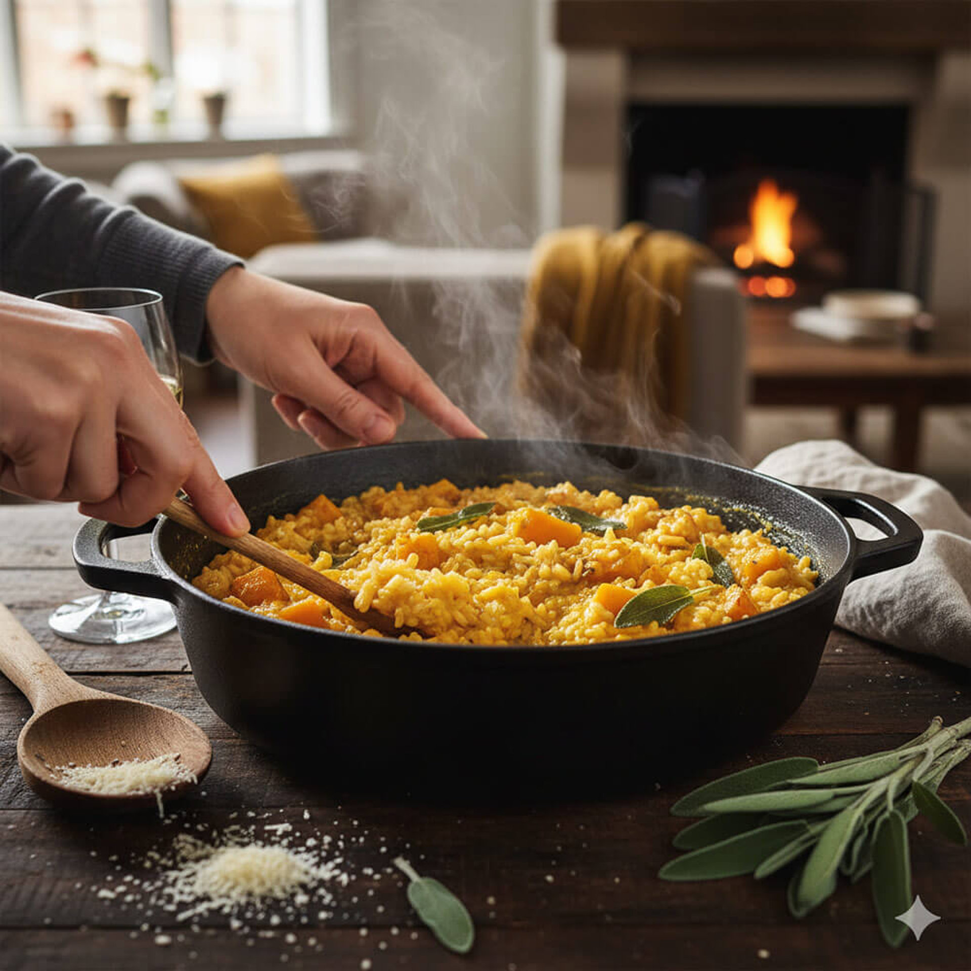 Kürbis-Risotto mit Salbei im Topf kochen und cremig umrühren