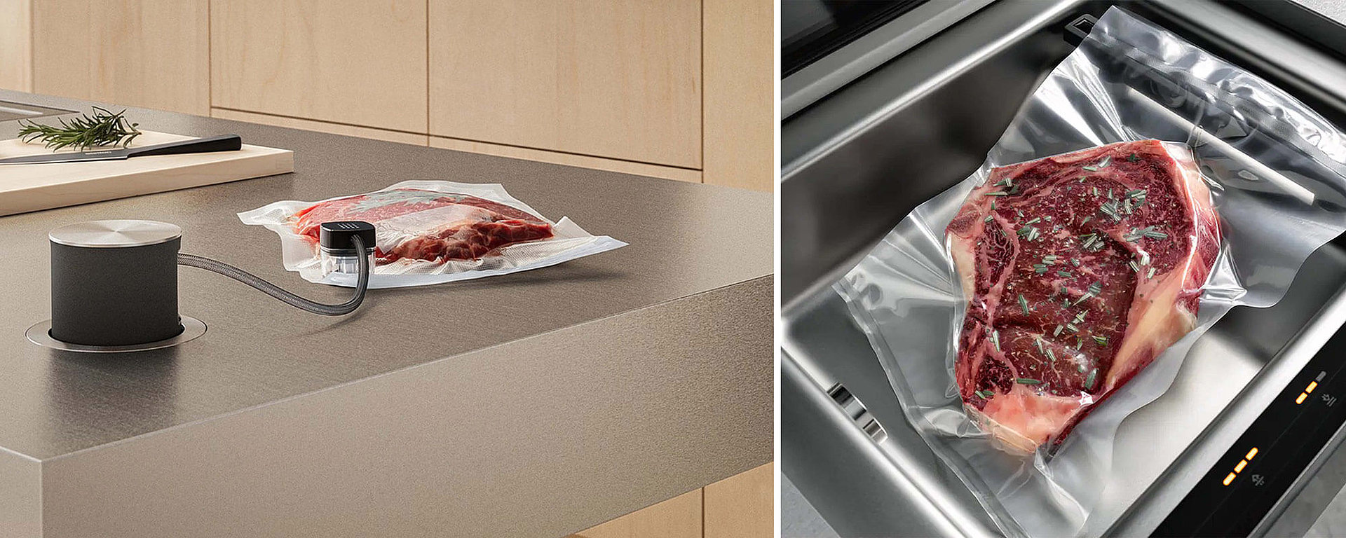 Bora QVac und Miele Vakuumierschublade, zwei Lösungen, um Lebensmittel richtig zu verpacken und haltbar zu machen.