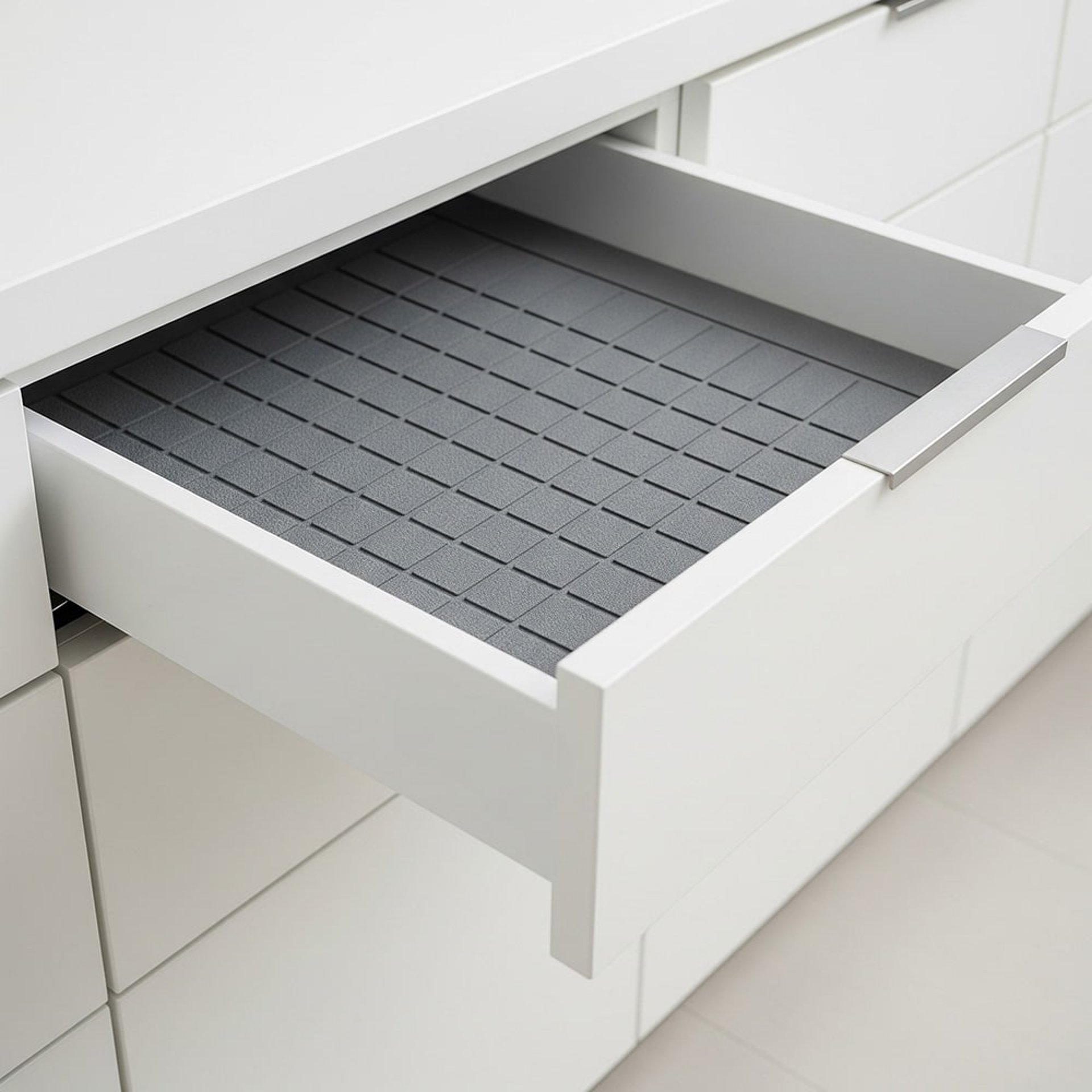 Rutschfeste Antirutsch-Gummimatte in weißer Küchenschublade zeigt Grid-Design für sichere Aufbewahrung und leisen Lauf