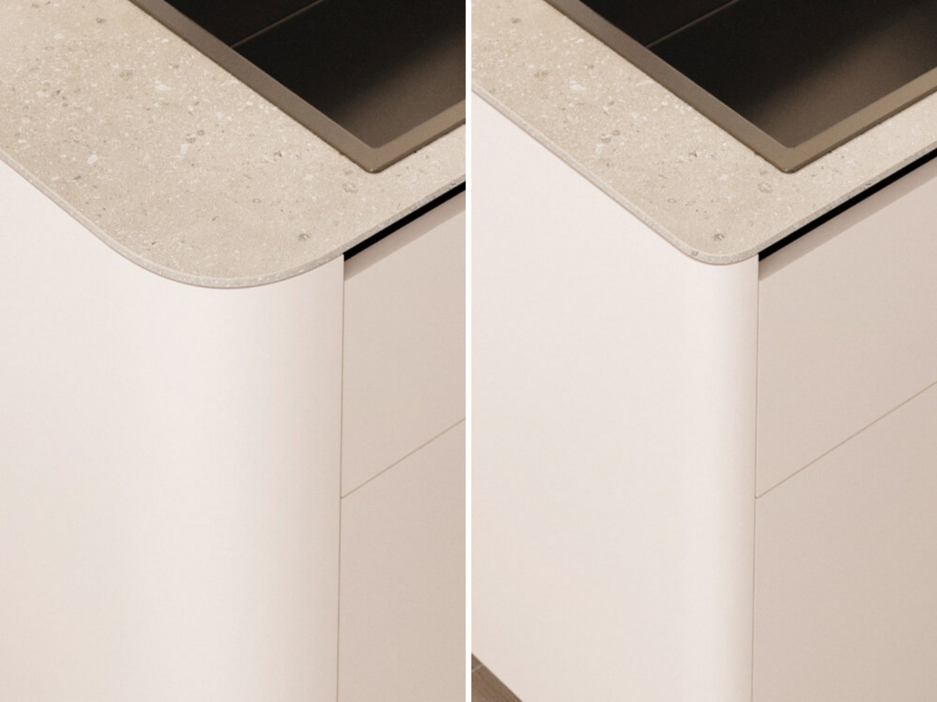 Vergleich einer minimalistischen Küchenfront mit abgerundeten Ecken zur Steigerung der ergonomischen Qualität im Haushalt.