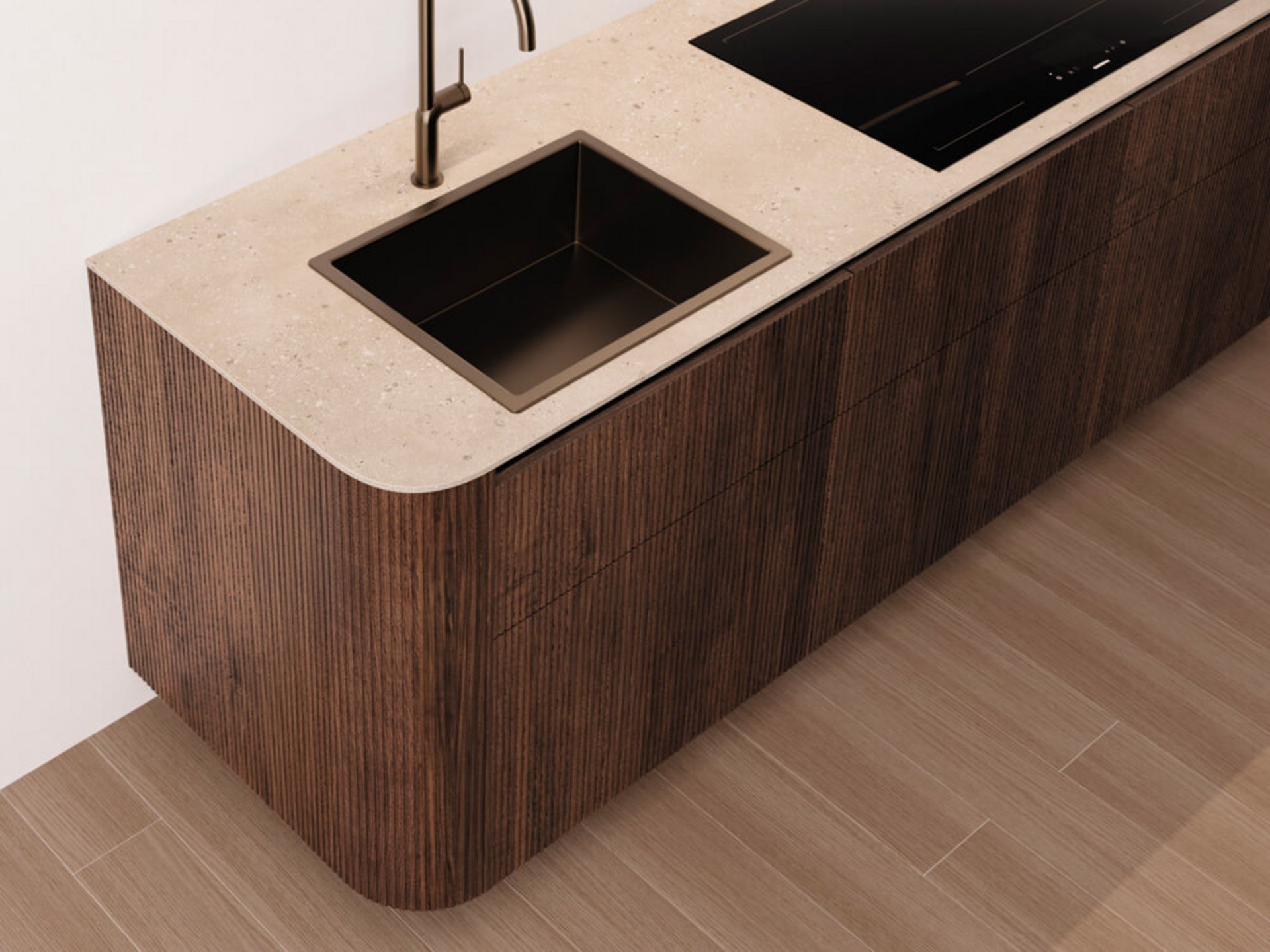 Dunkle Eiche Rundwange mit vertikaler Lamellen-Struktur und integrierter Spüle in einer grifflosen LEICHT Küche.