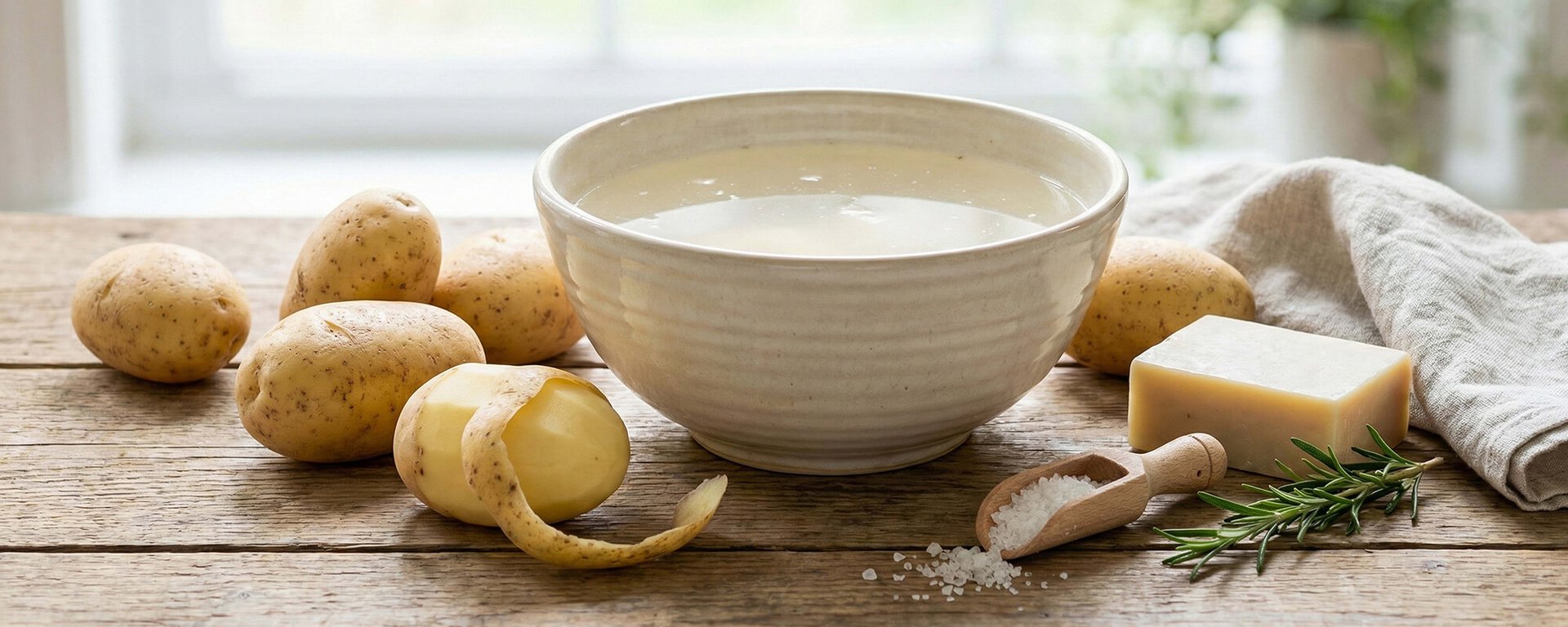 Schüssel mit trübem Kartoffelwasser neben ungeschälten Kartoffeln und Naturseife auf Holztisch