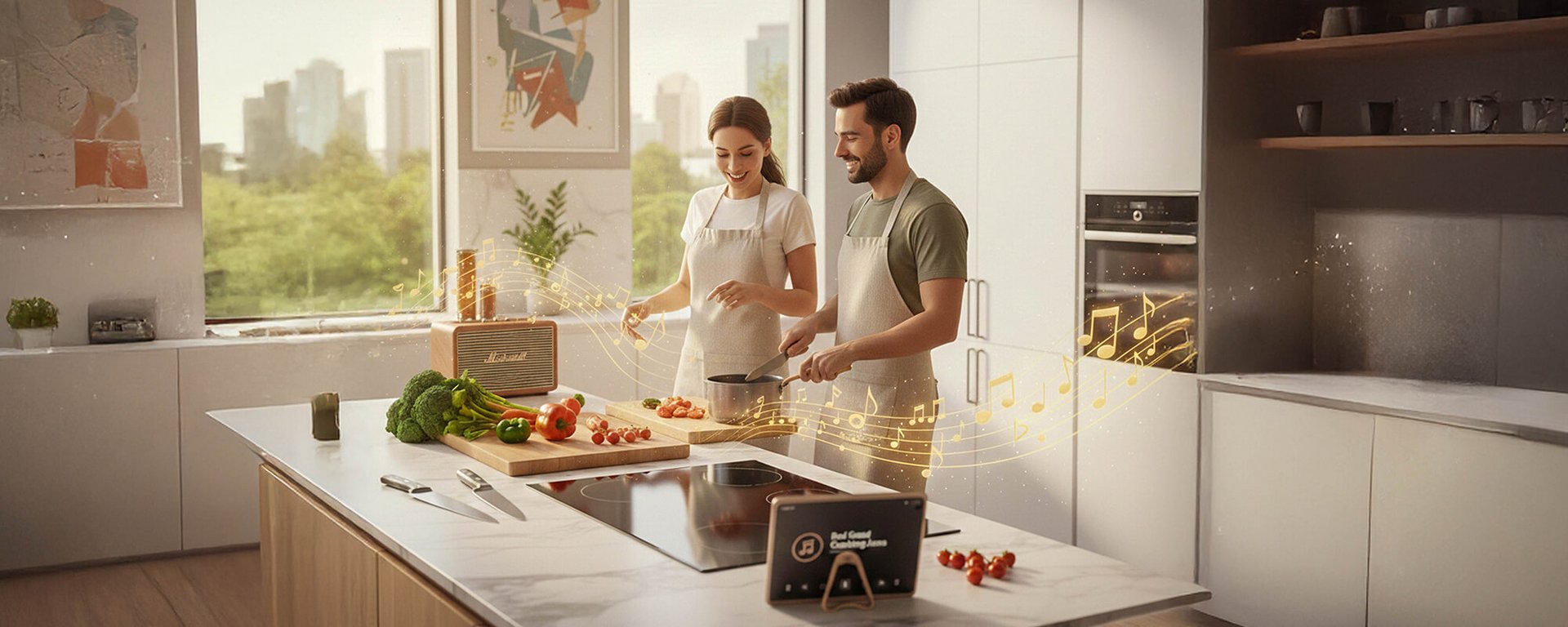 Musik beim Kochen: Junges Paar bereitet gesundes Essen auf einer Kücheninsel zu.