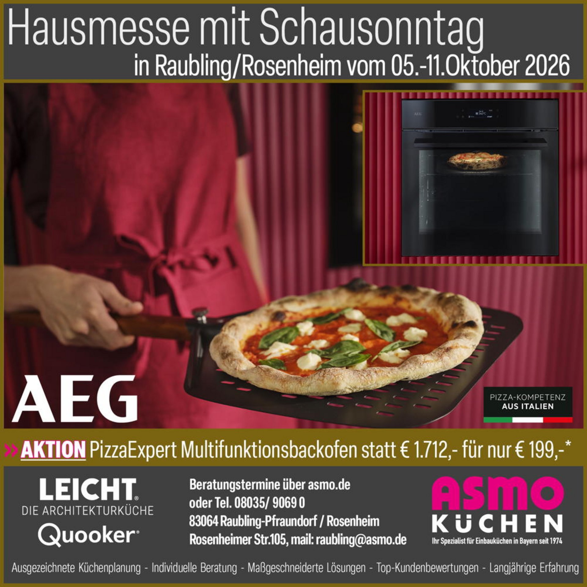 Pizza auf einem Pizzablech vor einem AEG-Backofen; das Motiv bewirbt die PizzaExpert-Aktion von ASMO KÜCHEN.