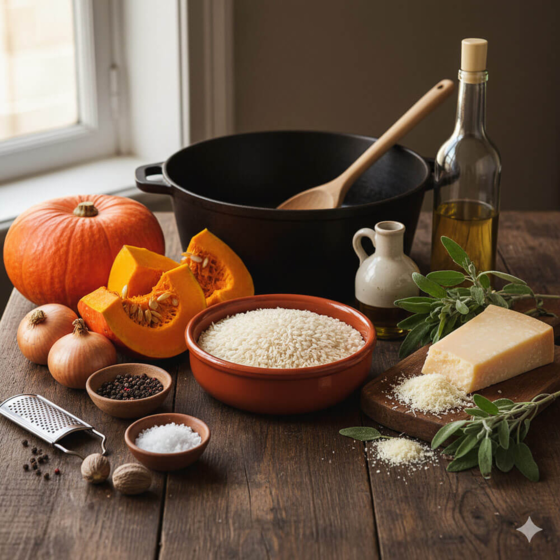 Zutaten für Kürbis-Risotto: Hokkaido-Kürbis, Risottoreis und Parmesan auf Holztisch