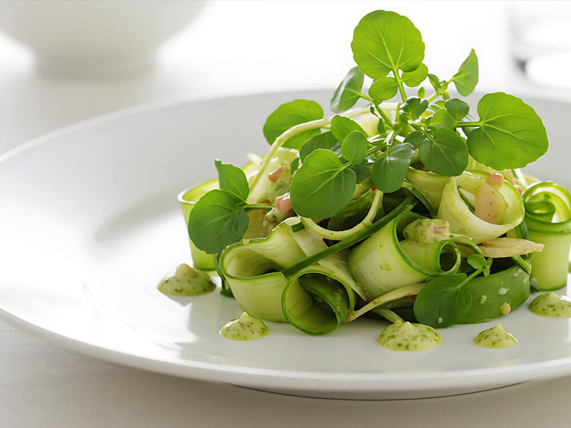 Erfrischender Brunnenkresse-Salat mit gerollten Gurkenscheiben Dressing auf einem weißen Teller