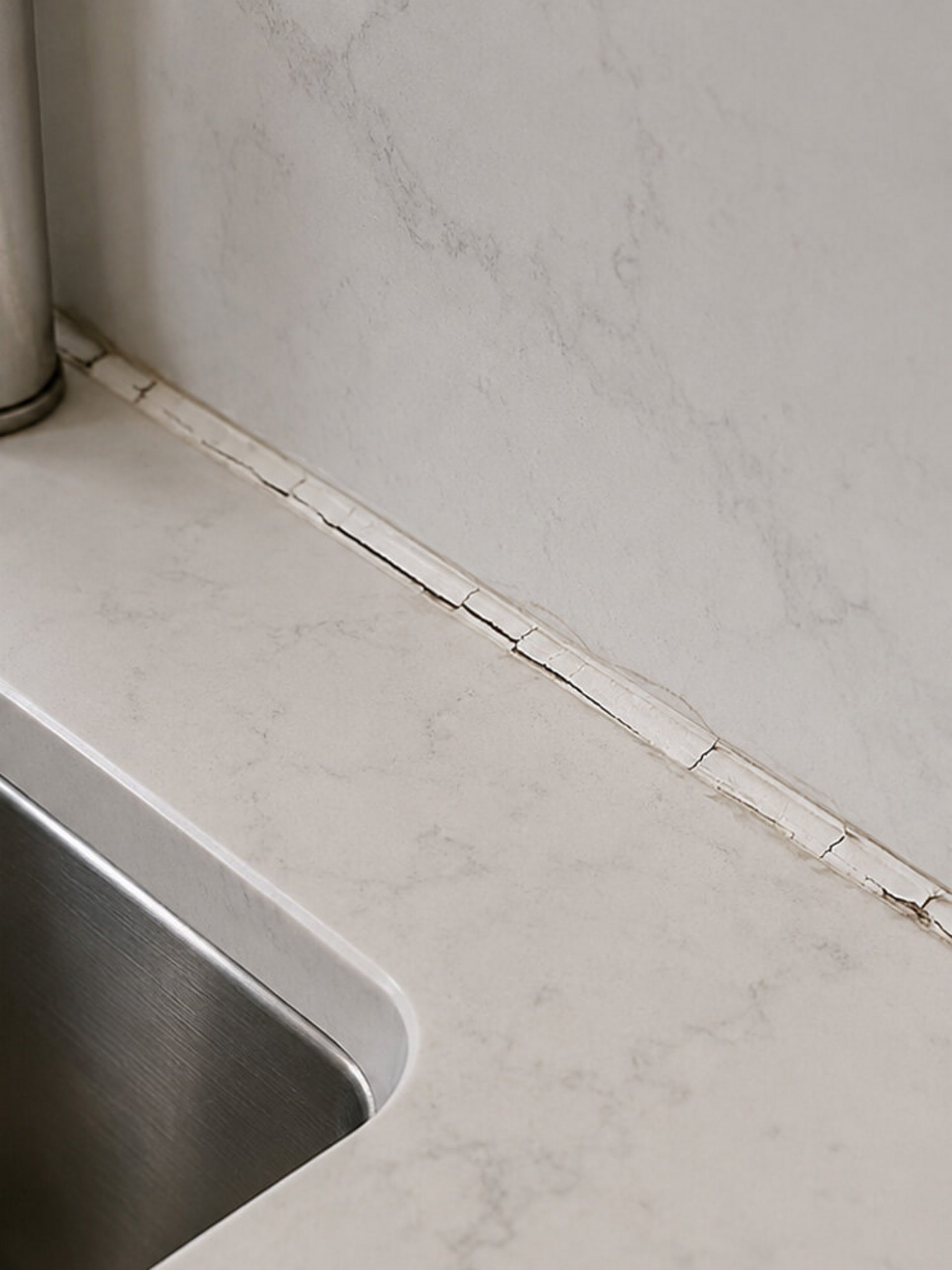 Beschädigte Silikonfuge zwischen Küchenarbeitsplatte und Wand im Bereich der Spüle