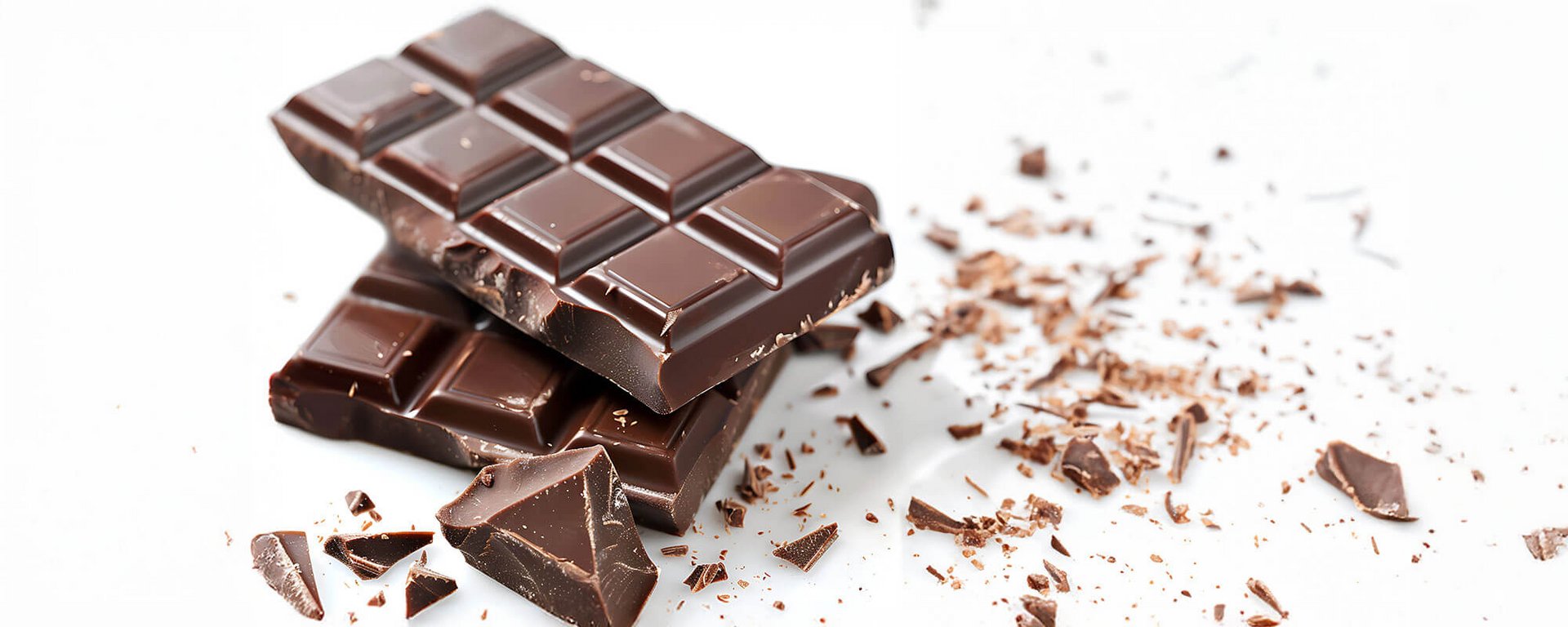 Dunkle Schokolade-Tafeln mit Krümeln auf weißem Untergrund – Schokoladenreste clever verwerten als Topping-Idee
