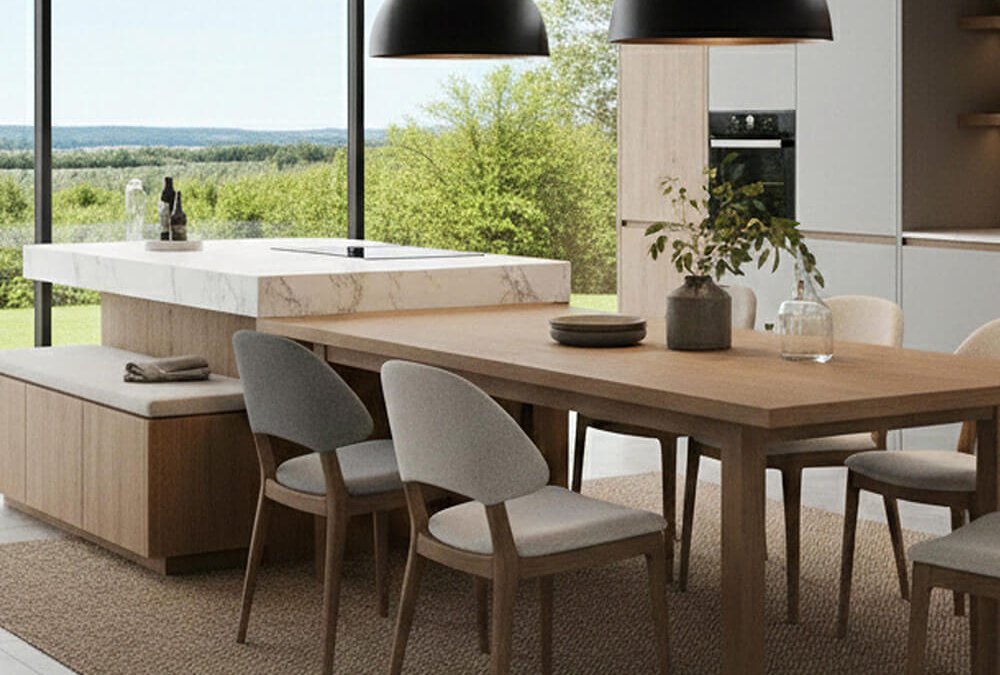 Moderne Küche als ruhiger Wohlfühlort mit minimalistischem Design und warmem Licht