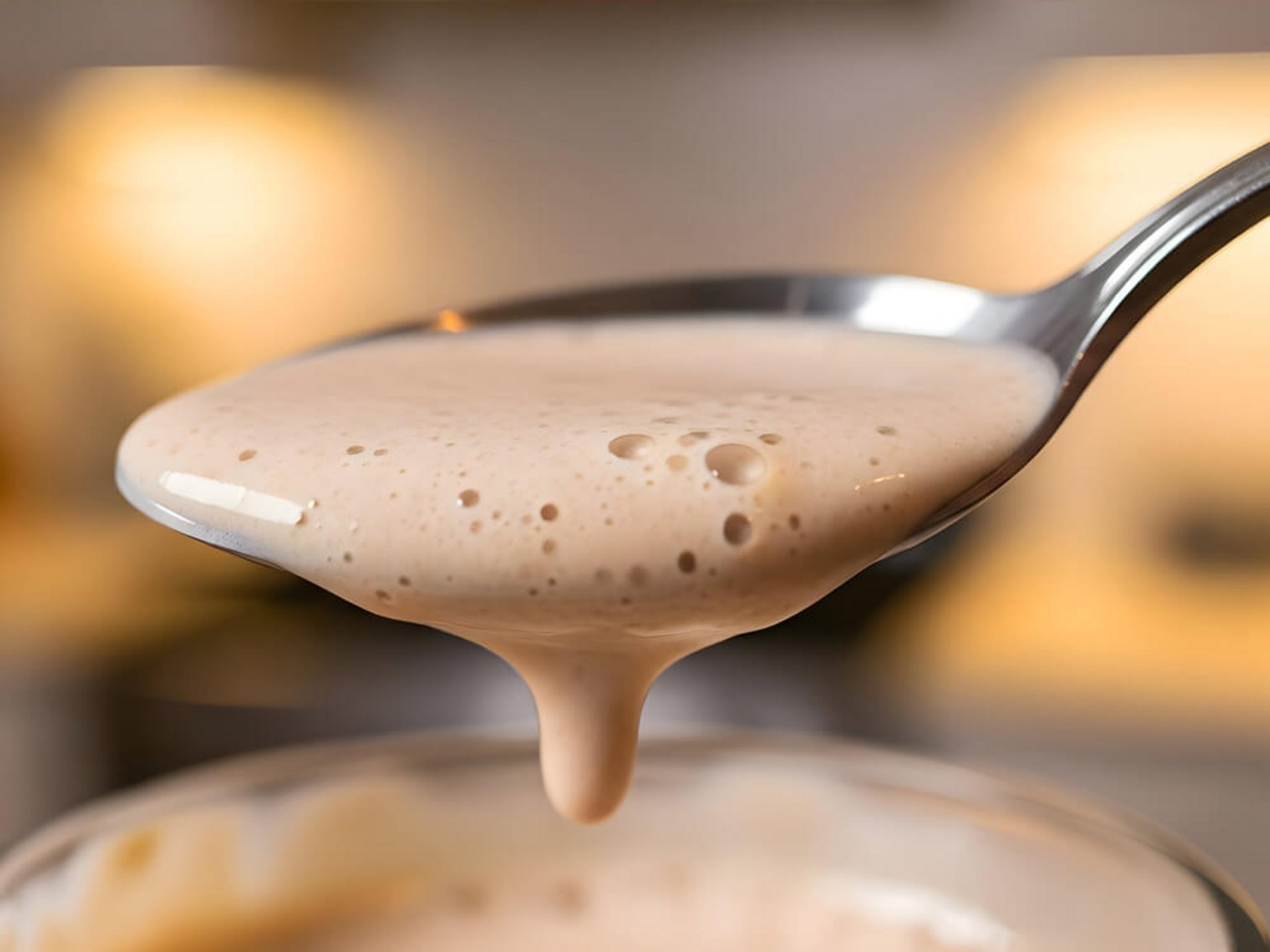 Helle cremige Soße auf einem Löffel – durch Weisswein perfekt abgerundet.