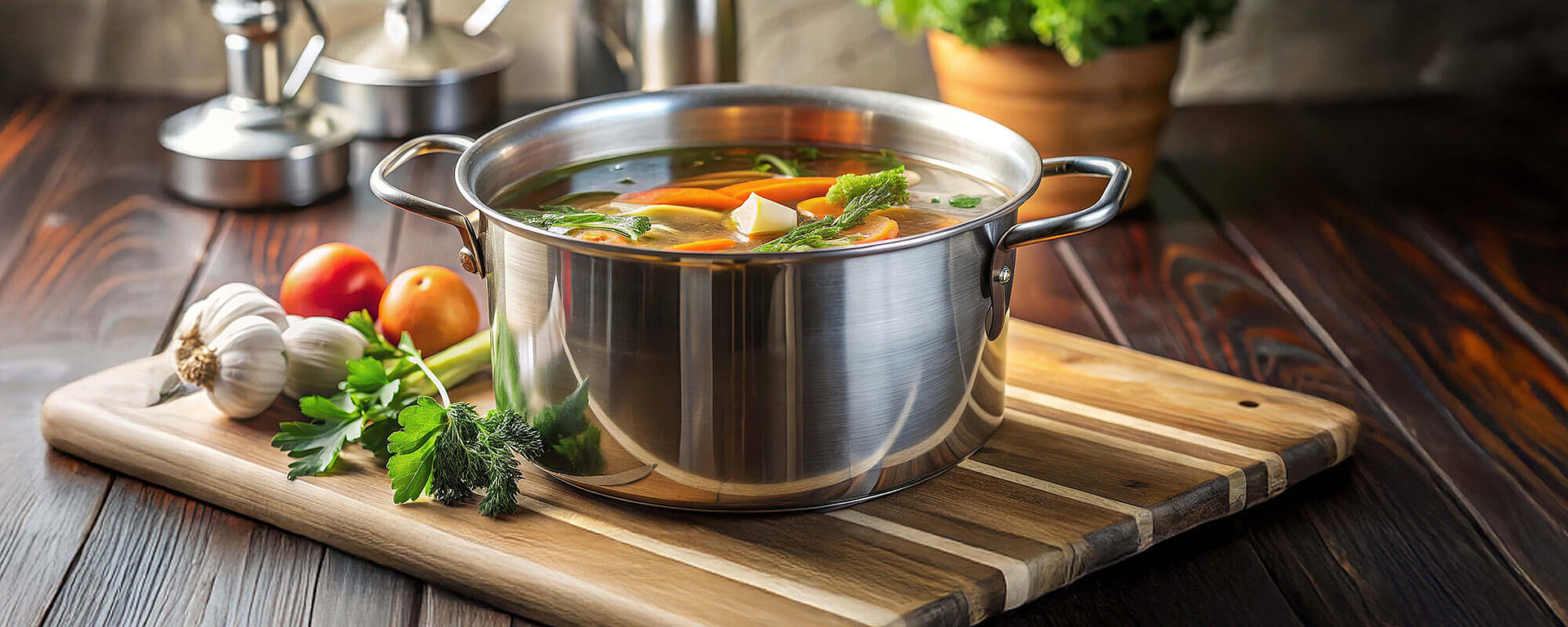 Gesunde Gemüsebrühe selbst gemacht in einem Topf in der Küche