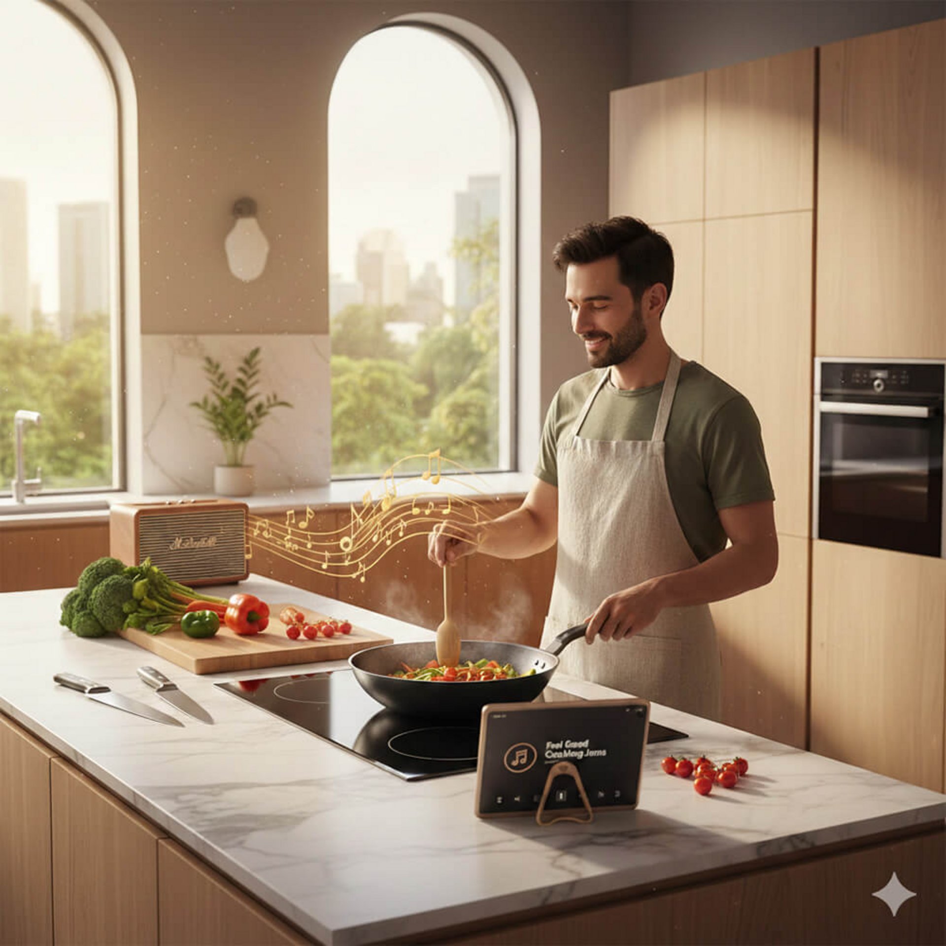 Mann kocht mit Wok auf einem Induktionskochfeld, Musik läuft aus einem Retro-Radio.
