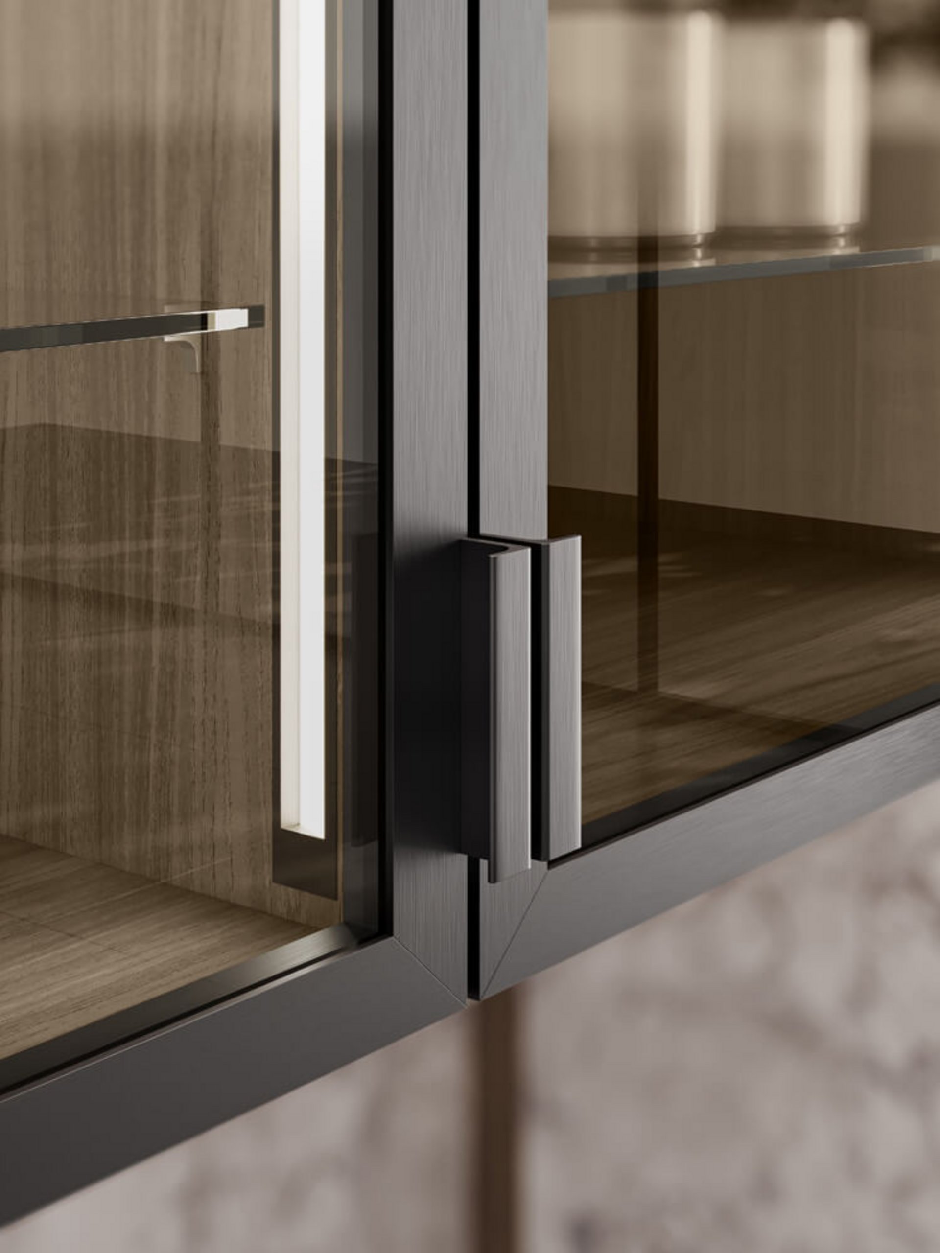 Glasvitrine mit schwarzem Rahmen und vertikaler LED-Innenbeleuchtung