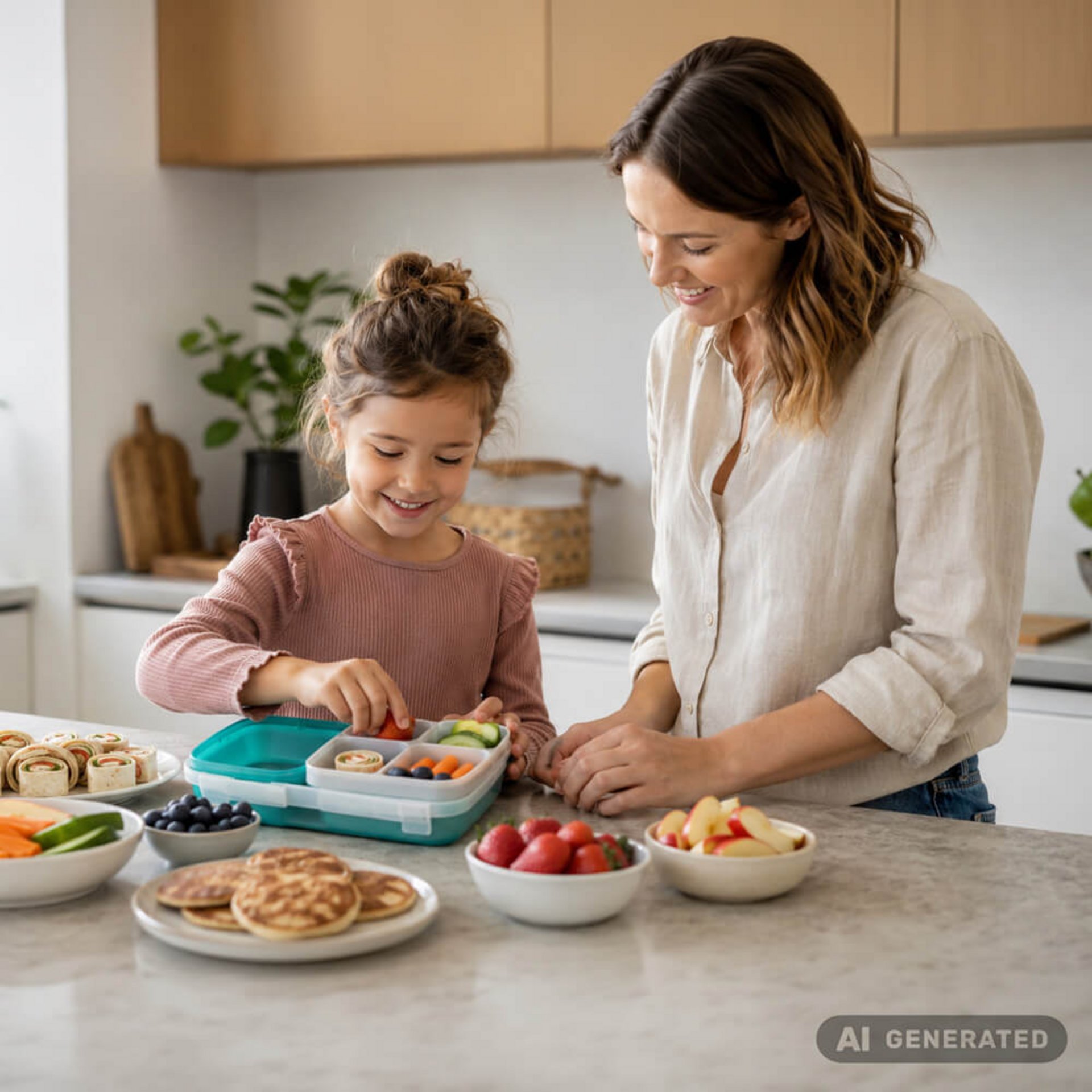 Mutter und kleines Kind bereiten gemeinsam Obst und weitere Snacks am Küchentisch vor