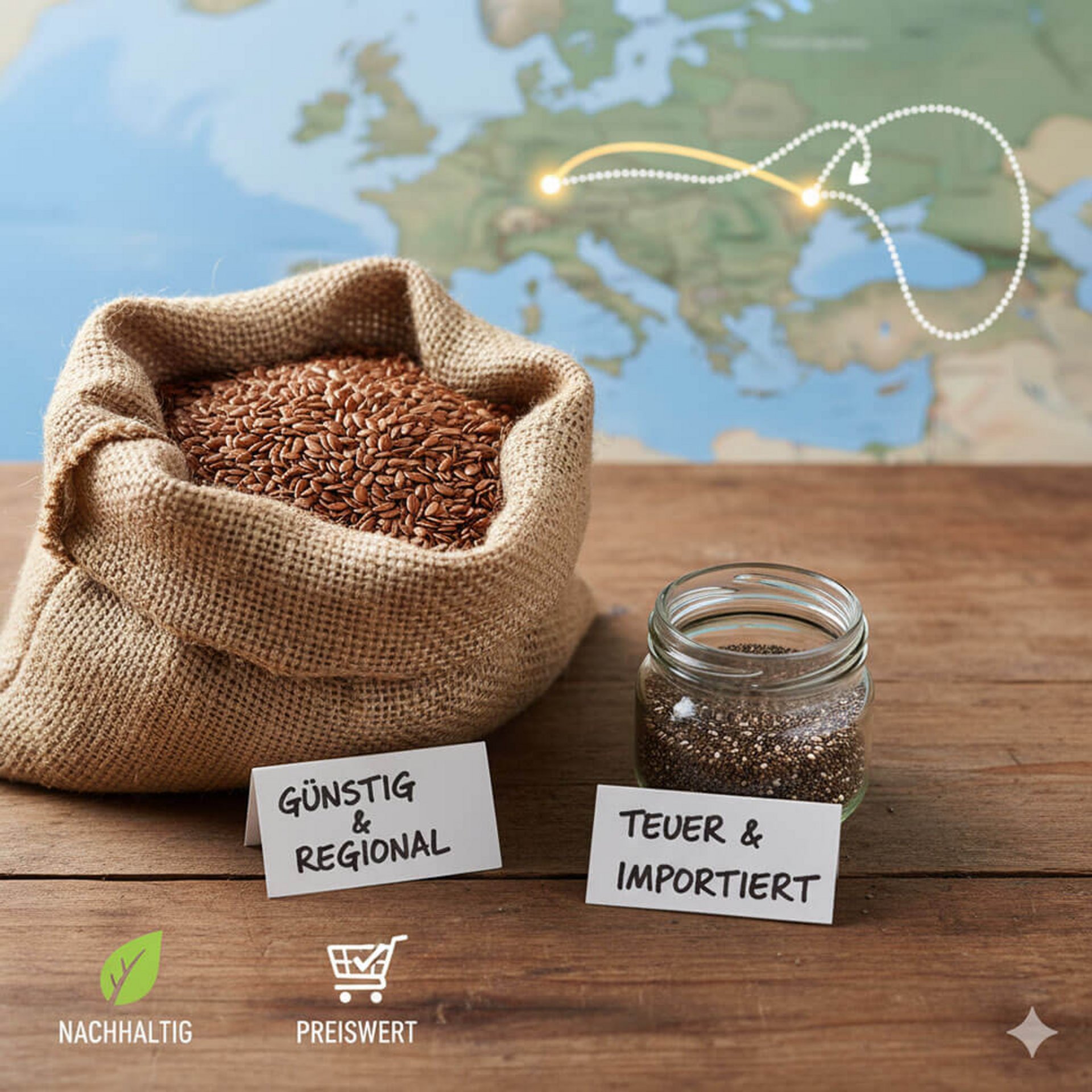 Leinsamen regional und günstig im Vergleich zu importierten Chia-Samen – nachhaltiges Superfood mit Ballaststoffen und Gesundheitsvorteilen.
