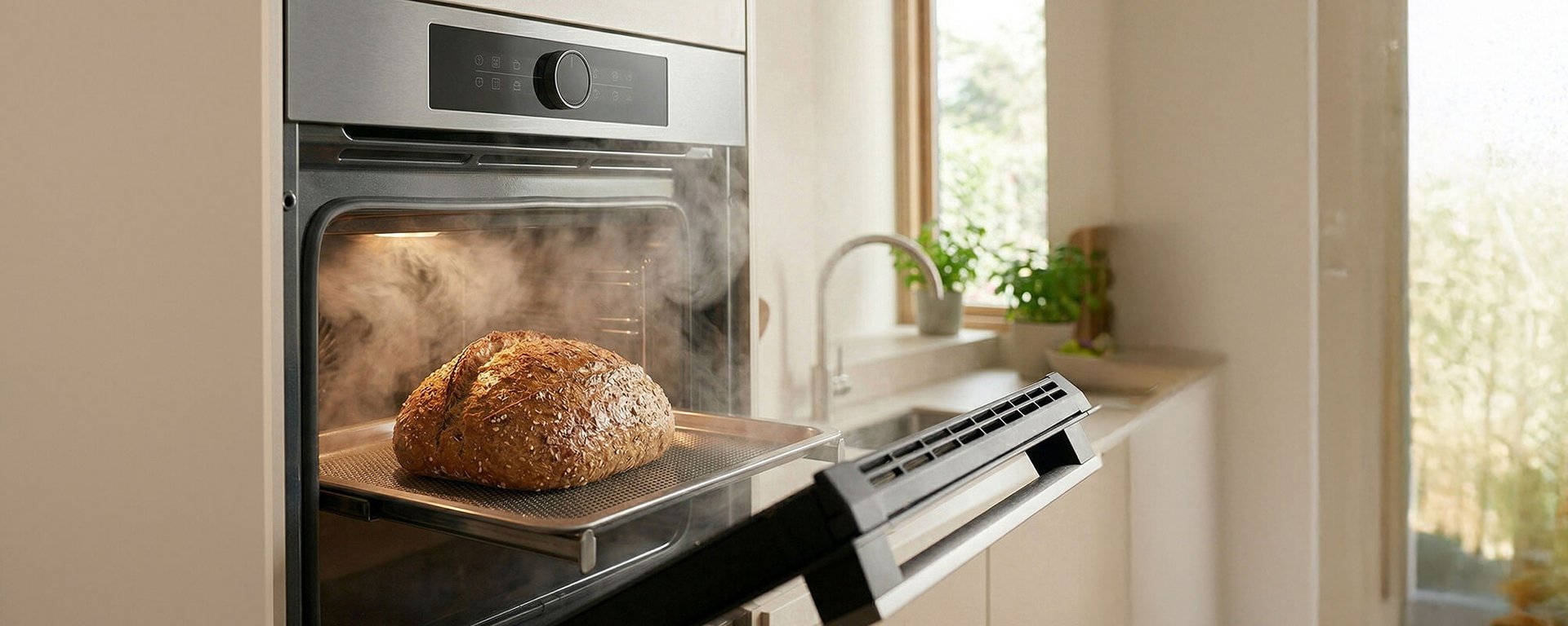 Frisches, selbstgebackenes Vollkornbrot auf einem Lochblech in einem modernen Dampfbackofen mit sichtbarem Wasserdampf.