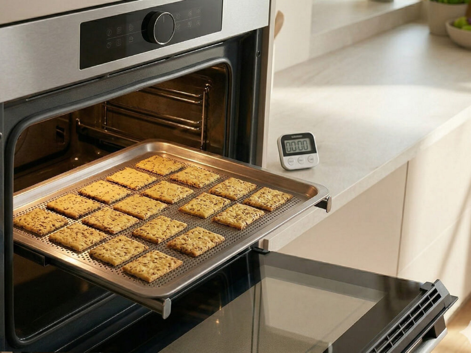 Goldgelb gebackene Cracker auf einem Blech im Backofen mit Timer auf der Arbeitsfläche.