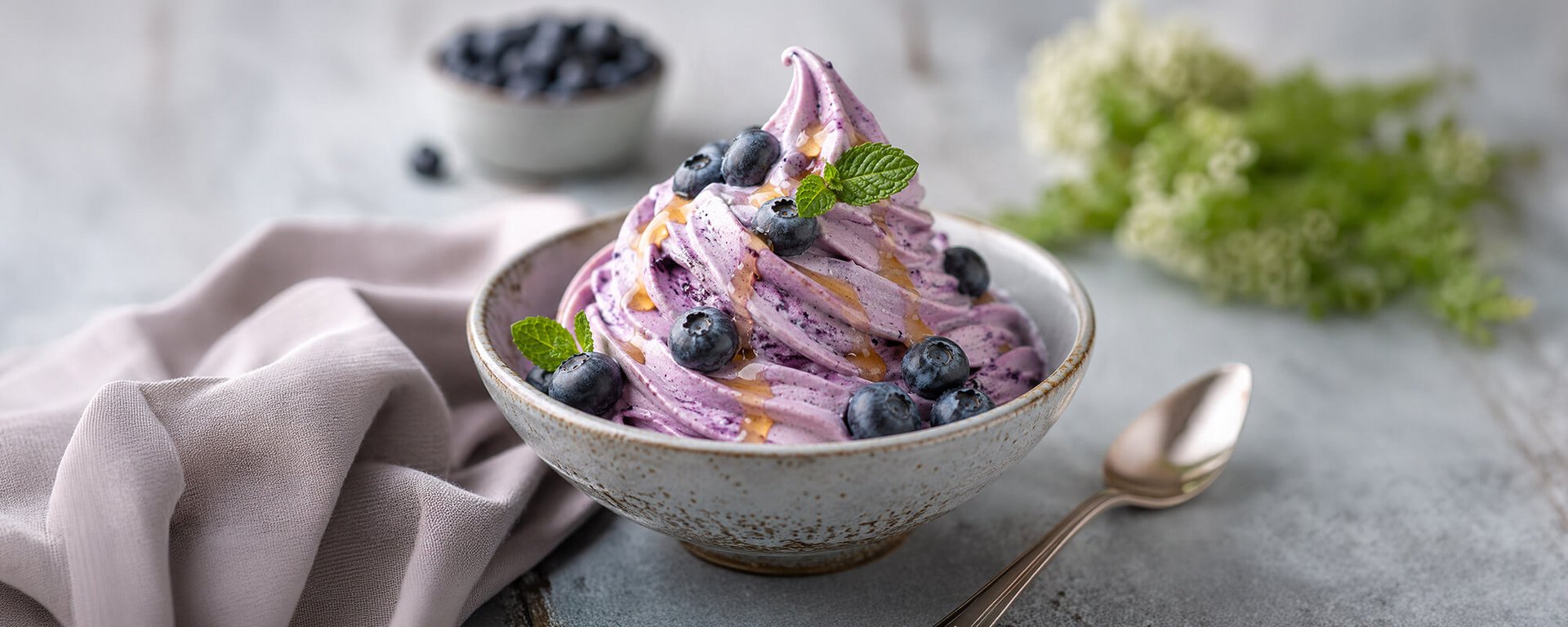 Blaubeer-Softeis in einer Schale mit frischen Blaubeeren und Topping