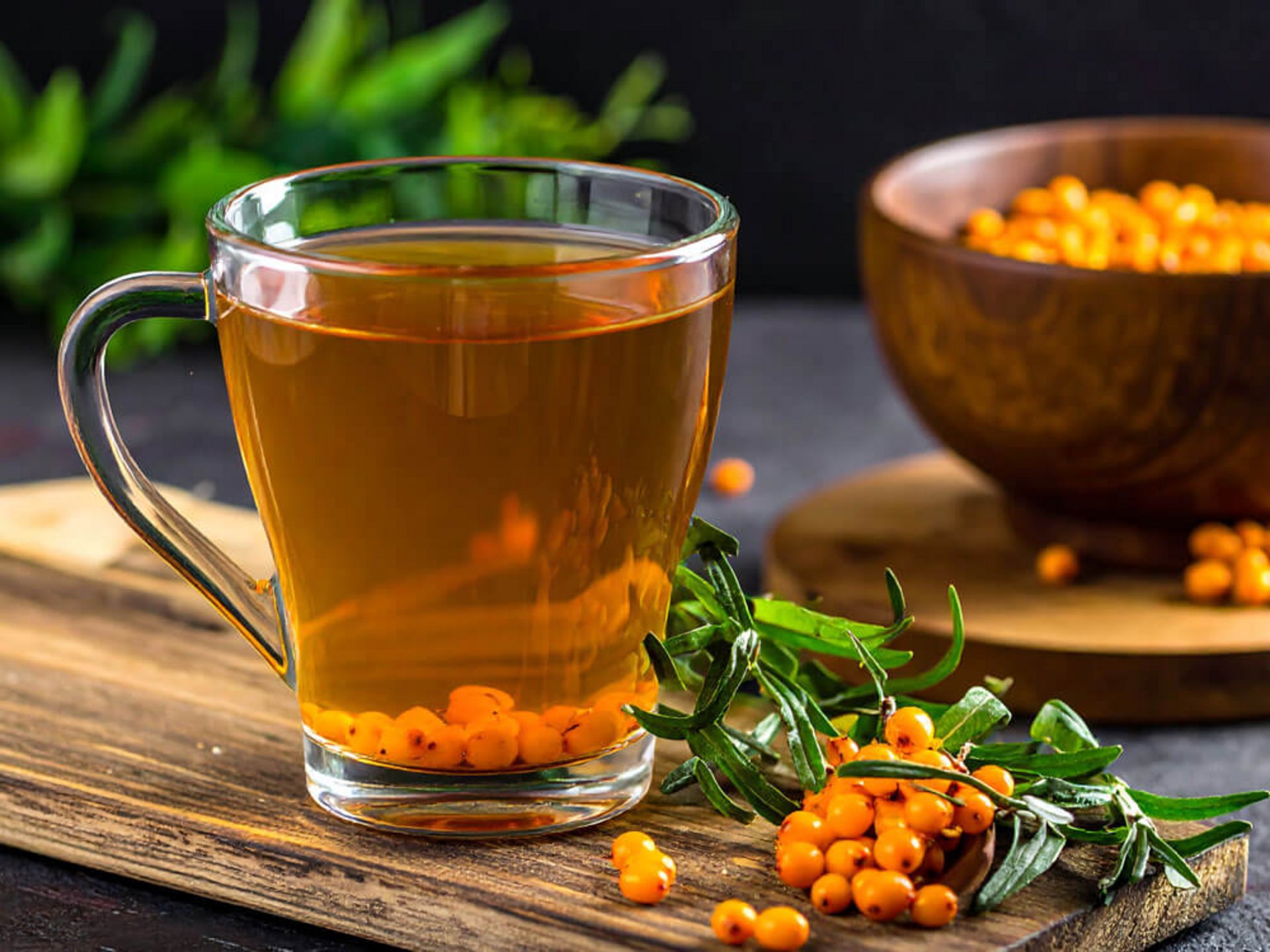 Glas mit Sanddorntee, Beeren und Zweigen auf einem Holzbrett – Sanddorn Vitamin C und Sanddorn Rezepte